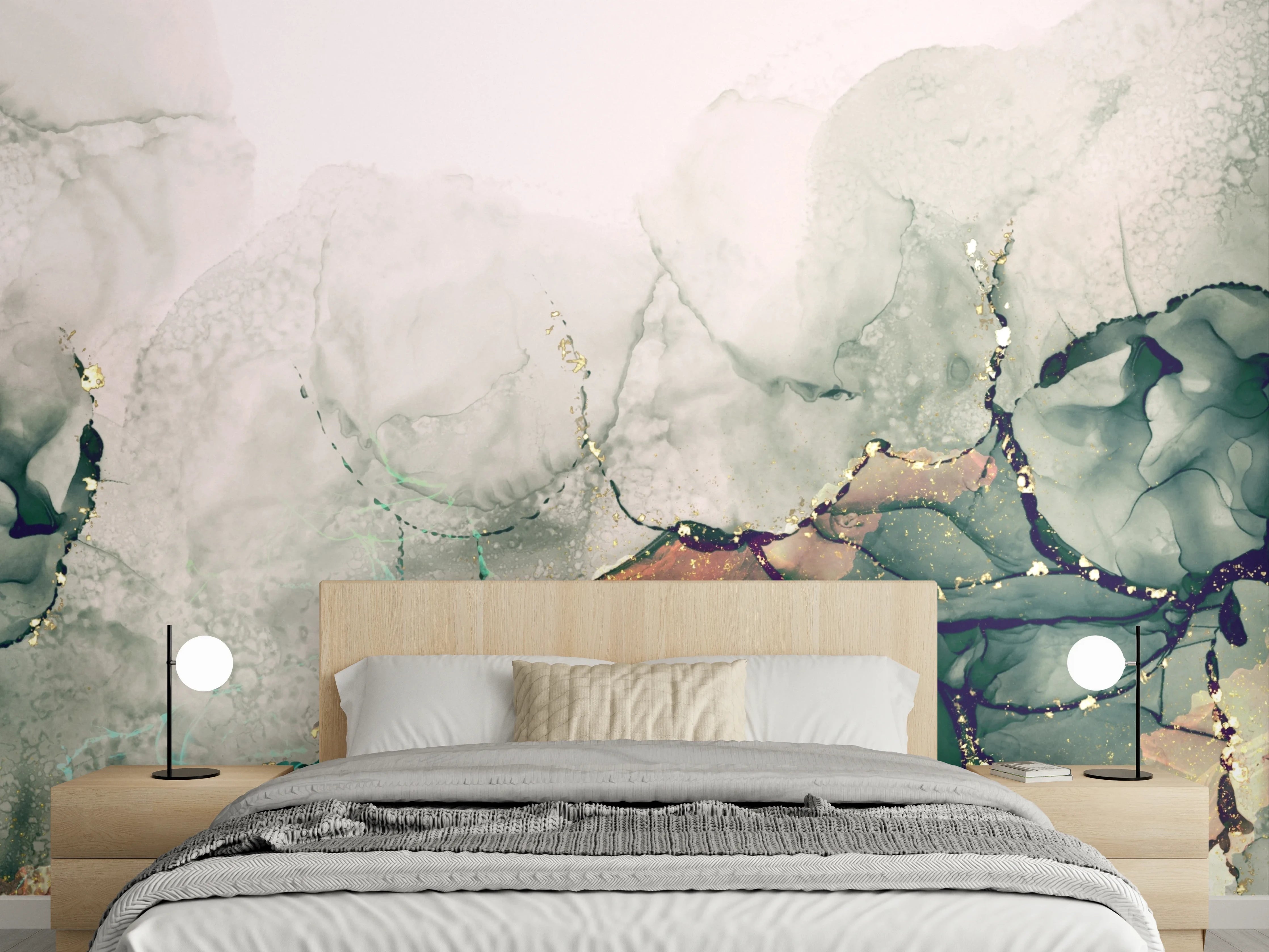 Wandverkleidung Schlafzimmer - Abstrakte grün-graue Marmor-Optik mit Gold