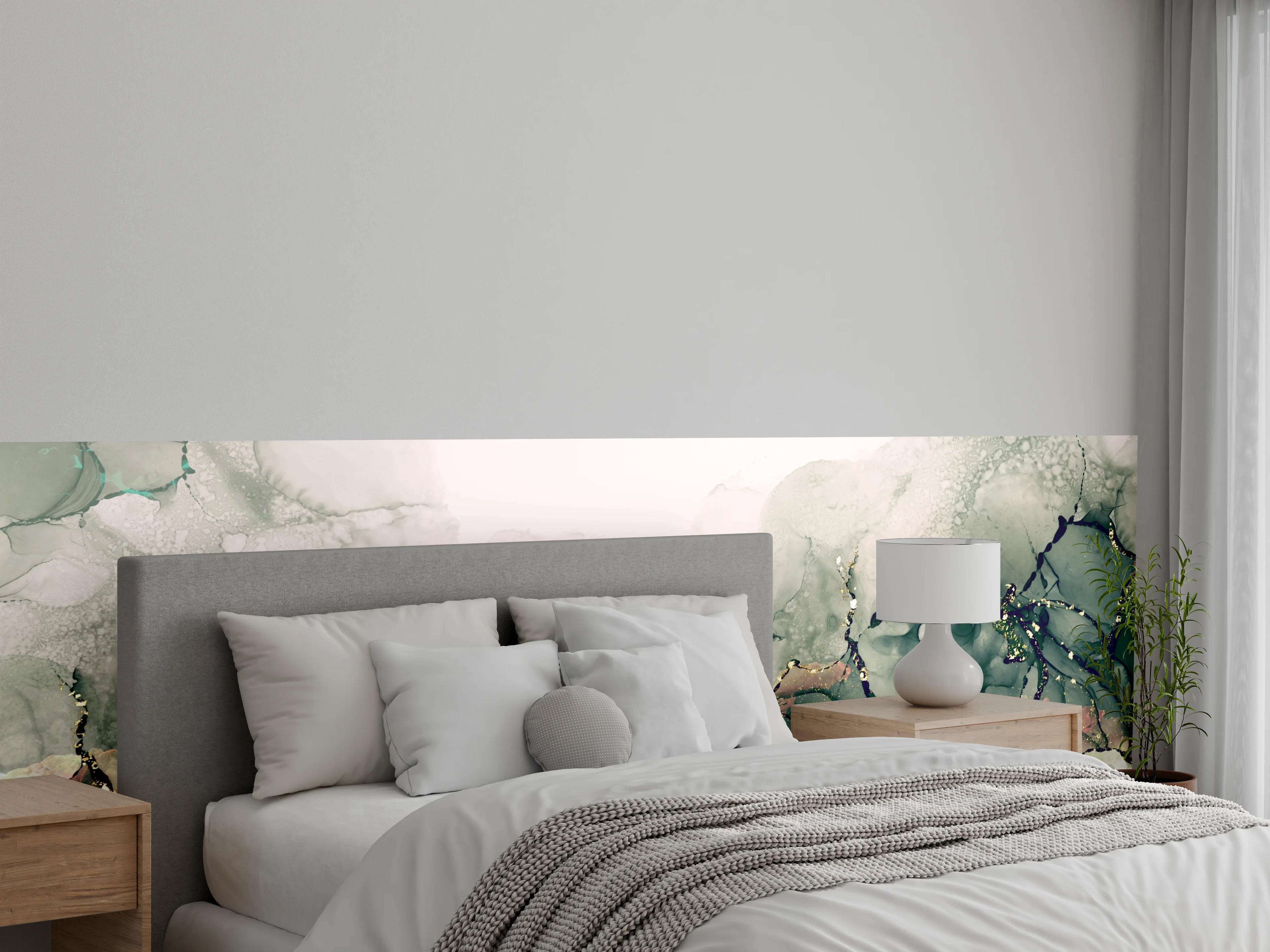 Wandverkleidung Schlafzimmer - Abstrakte grün-graue Marmor-Optik mit Gold