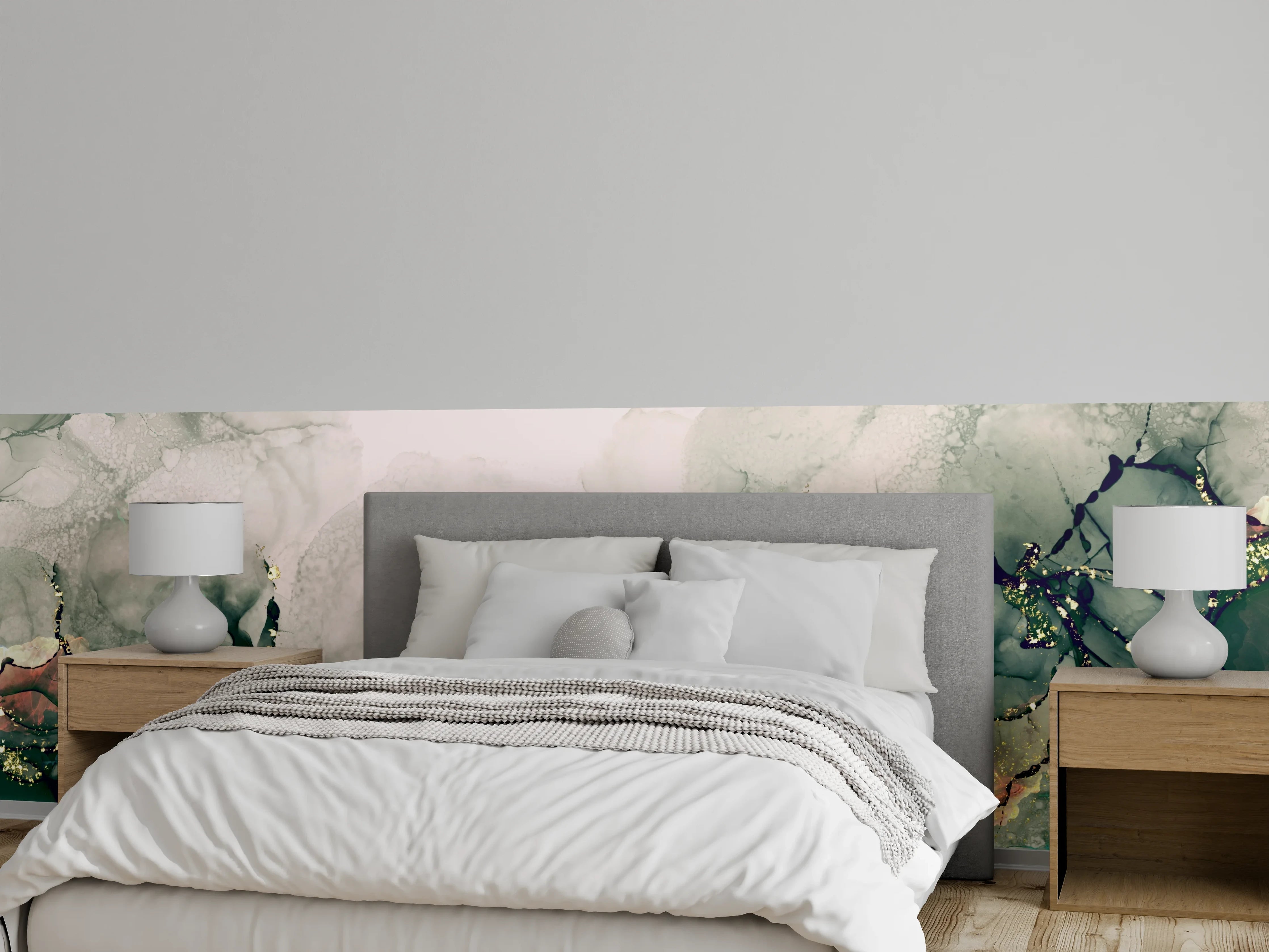Wandverkleidung Schlafzimmer - Abstrakte grün-graue Marmor-Optik mit Gold
