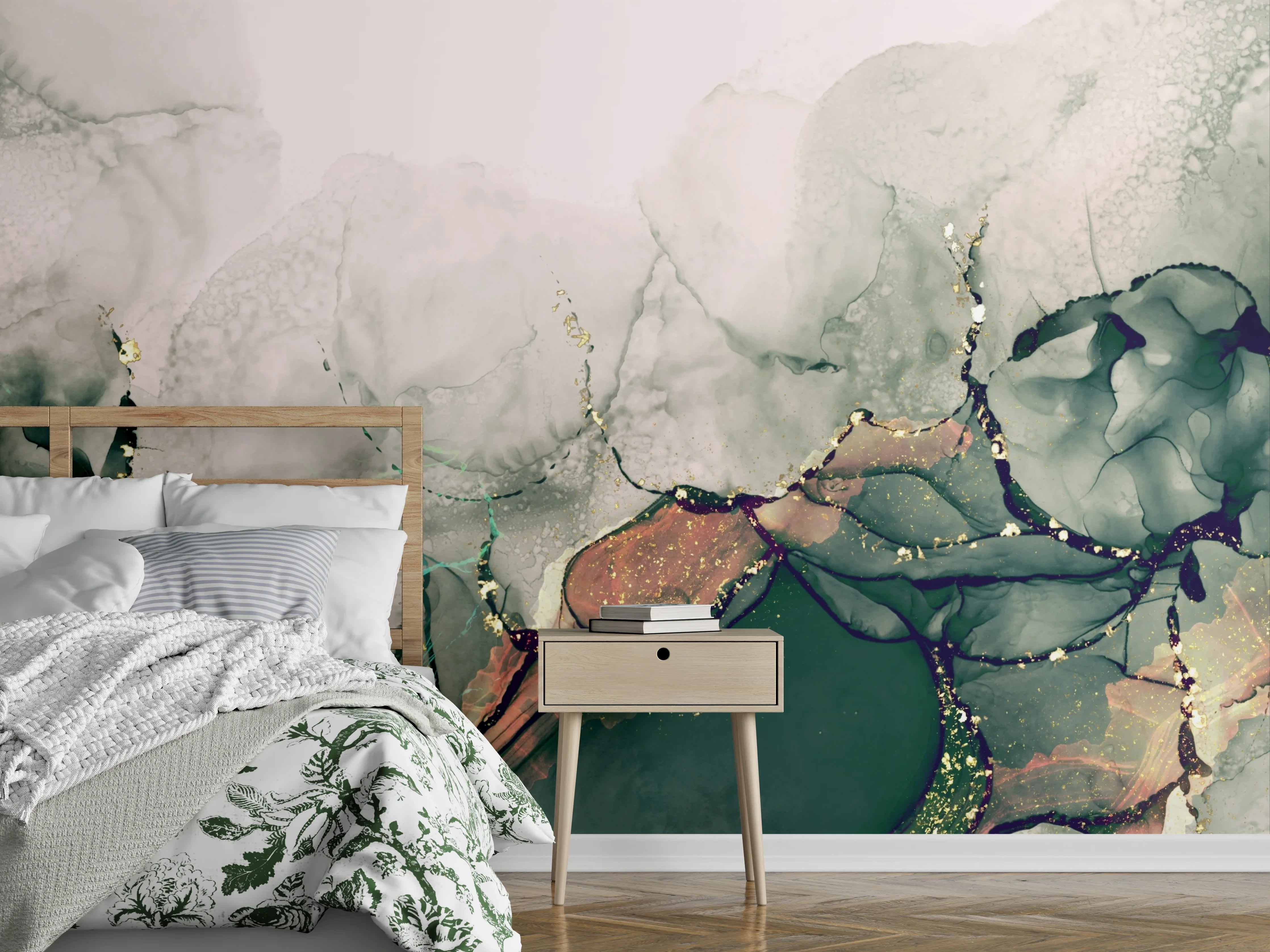 Wandverkleidung Schlafzimmer - Abstrakte grün-graue Marmor-Optik mit Gold
