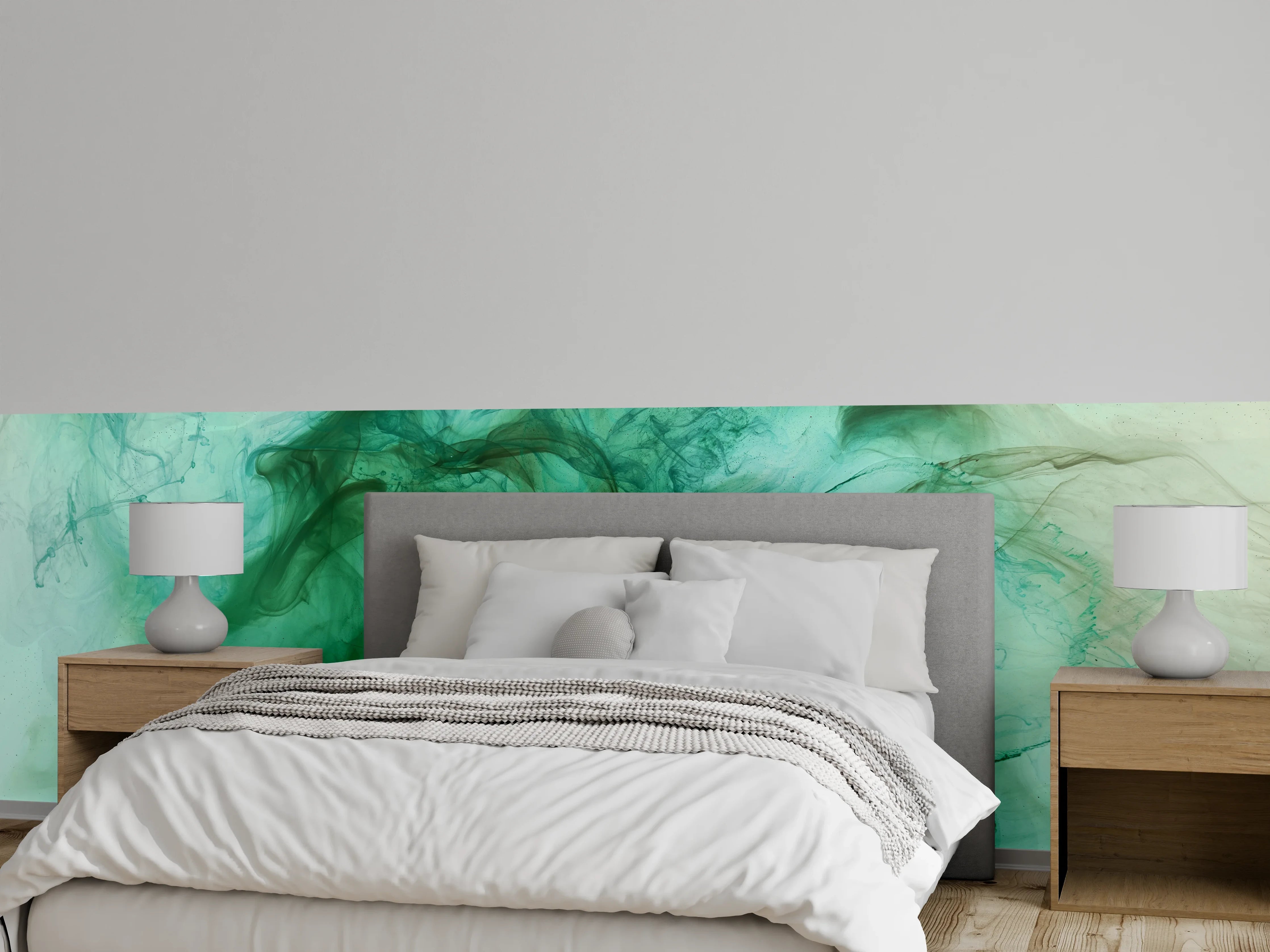 Wandverkleidung Schlafzimmer - Abstrakte grüne Aquarellwolken