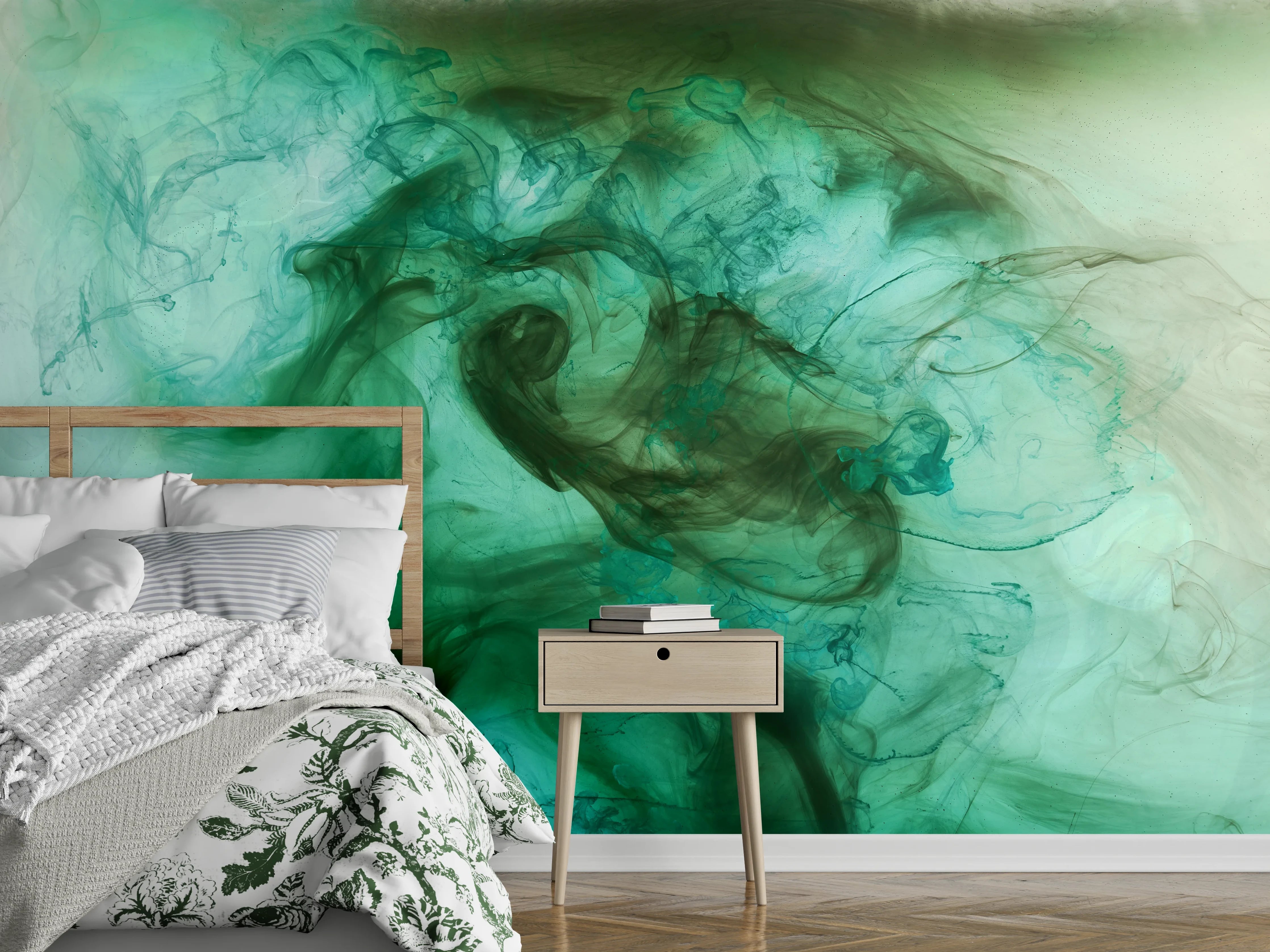 Wandverkleidung Schlafzimmer - Abstrakte grüne Aquarellwolken