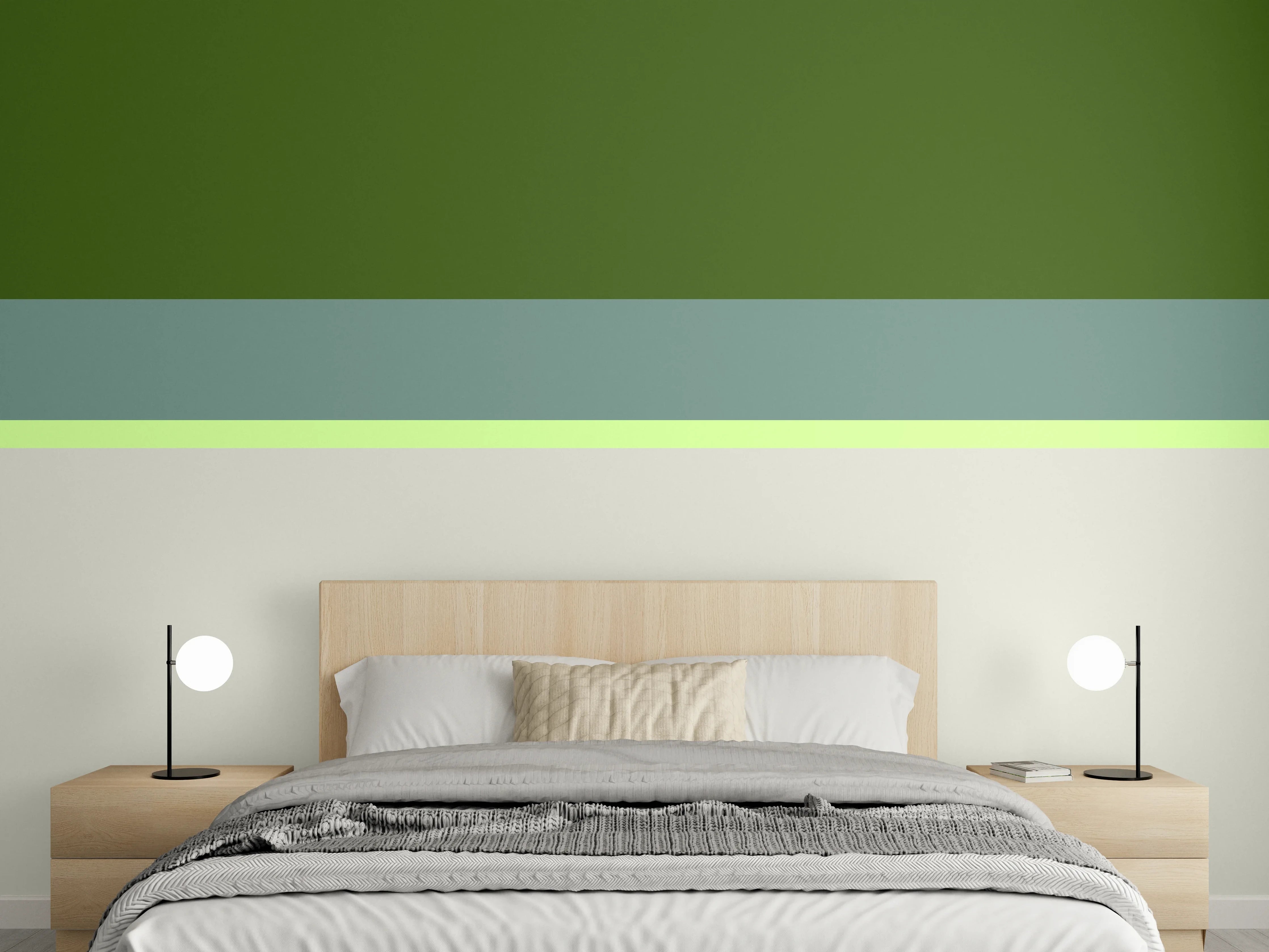 Wandverkleidung Schlafzimmer - Abstrakte grüne Linie auf Beige