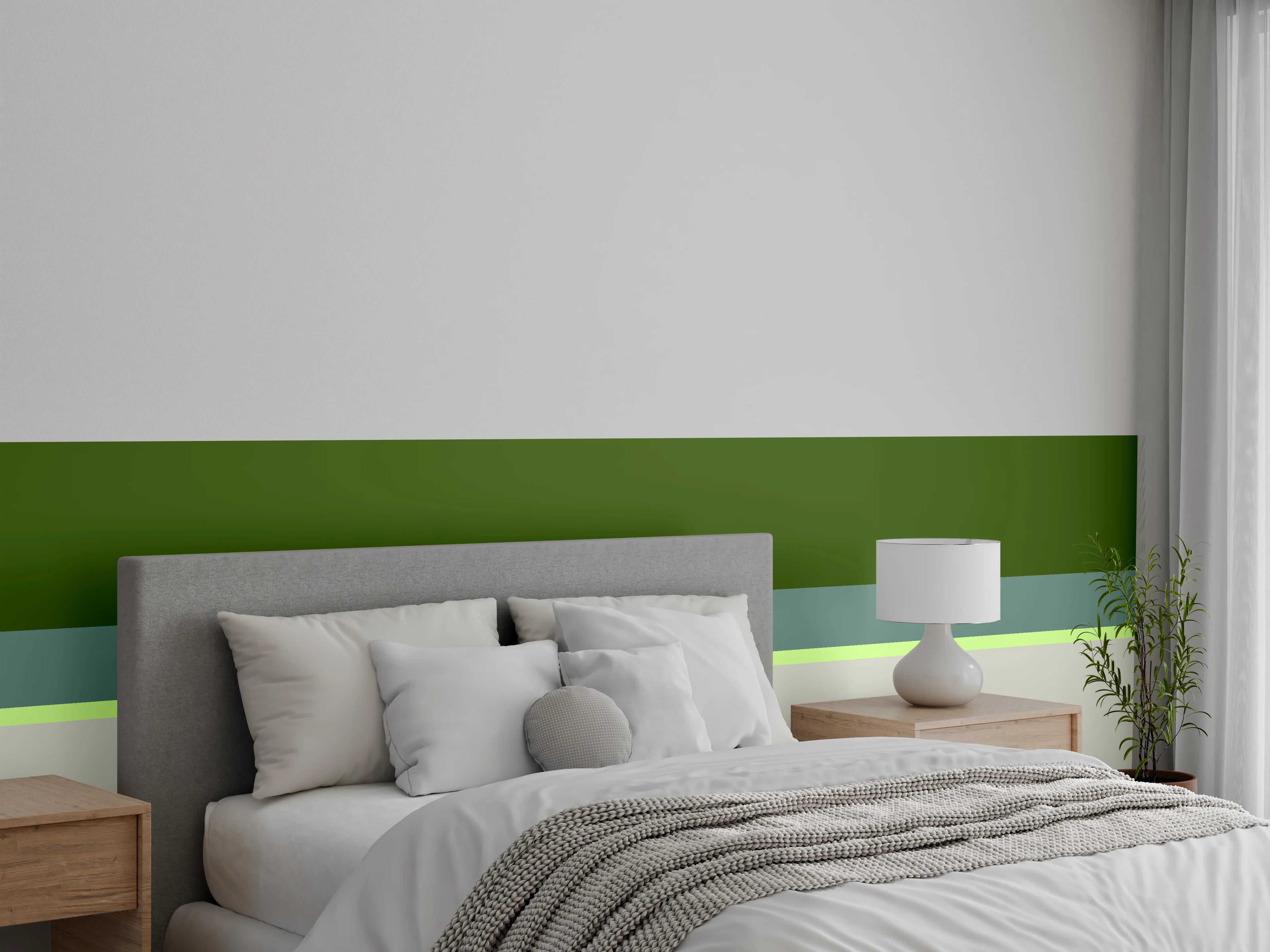 Wandverkleidung Schlafzimmer - Abstrakte grüne Linie auf Beige