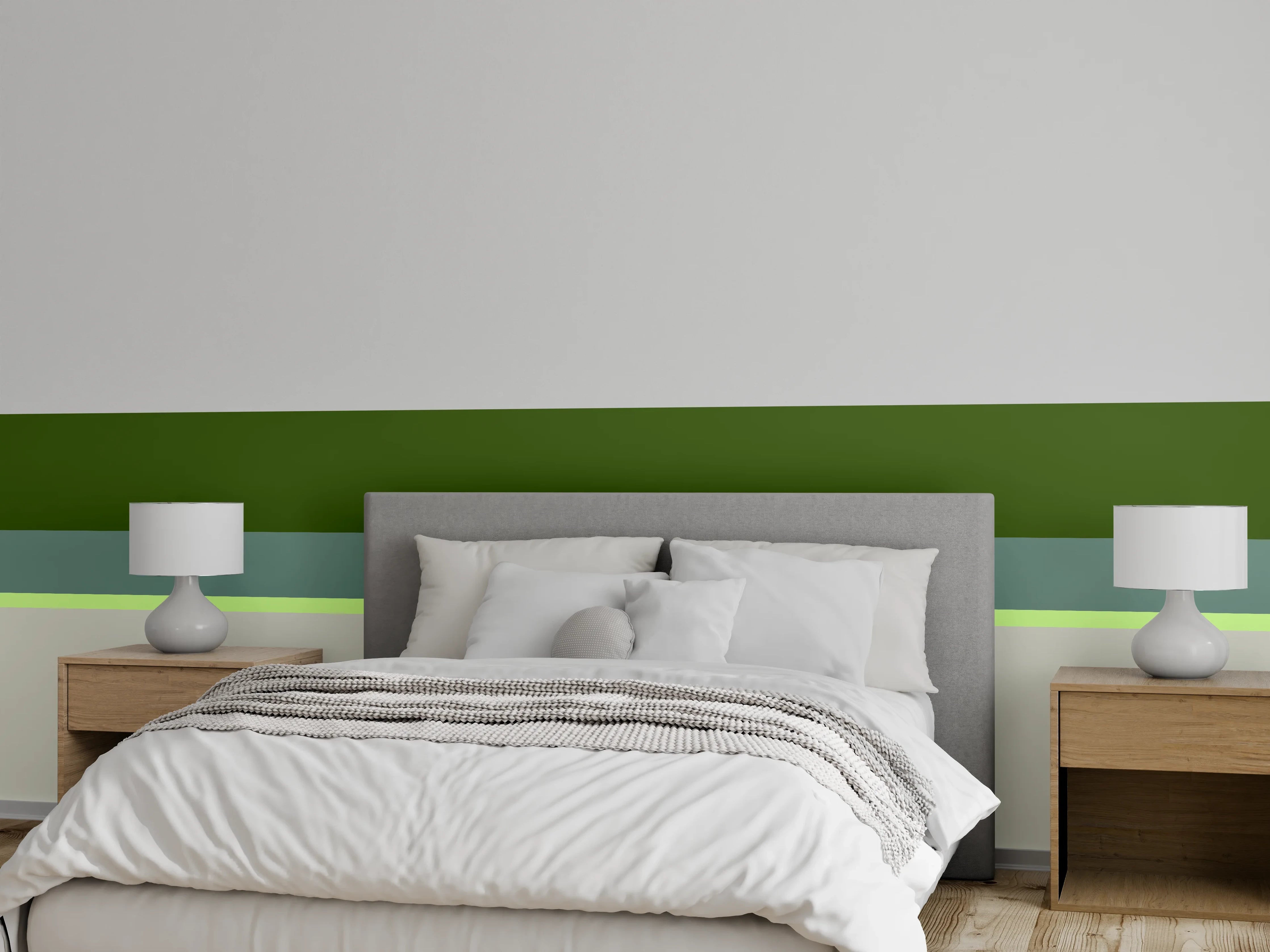 Wandverkleidung Schlafzimmer - Abstrakte grüne Linie auf Beige