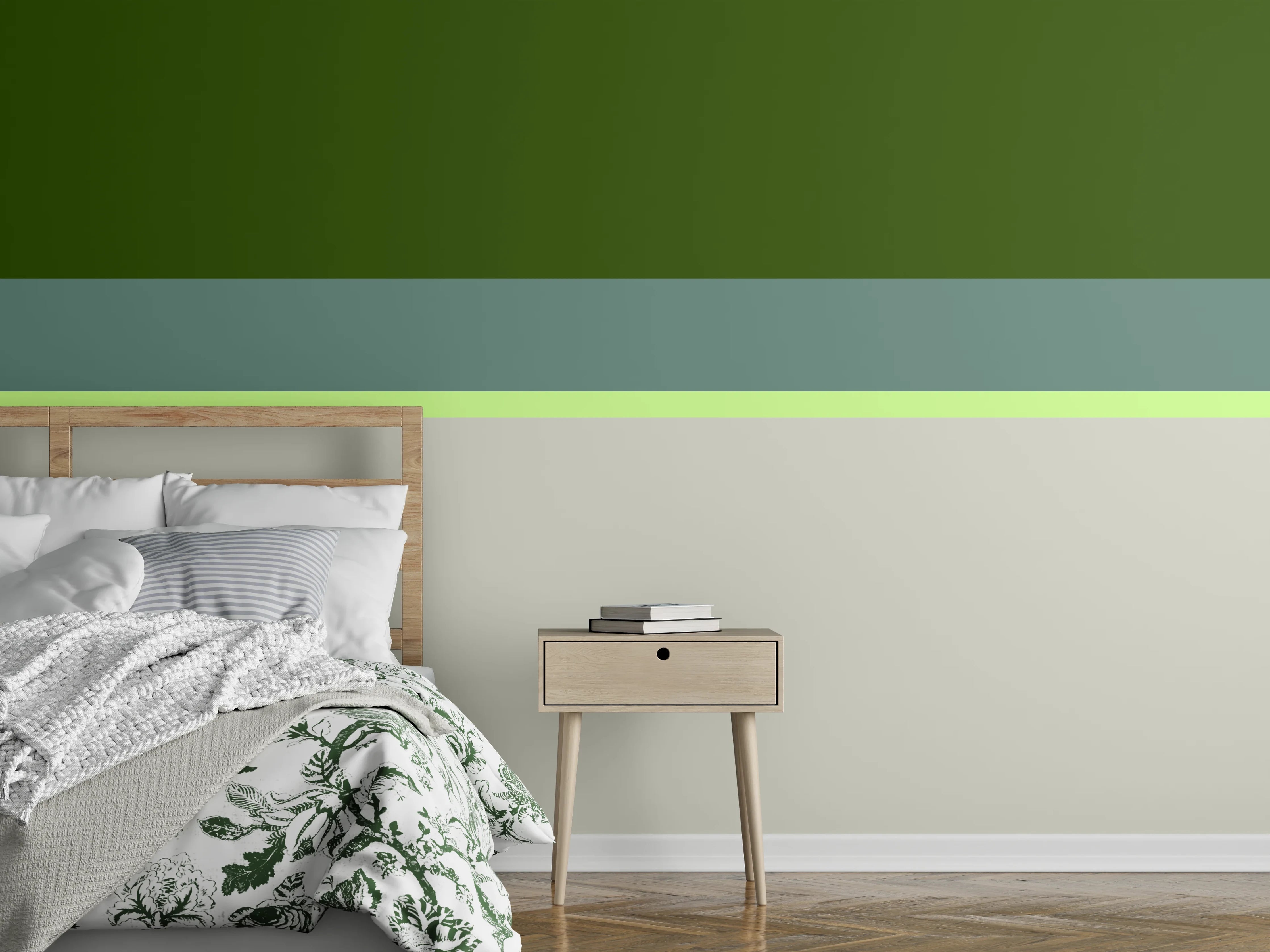 Wandverkleidung Schlafzimmer - Abstrakte grüne Linie auf Beige