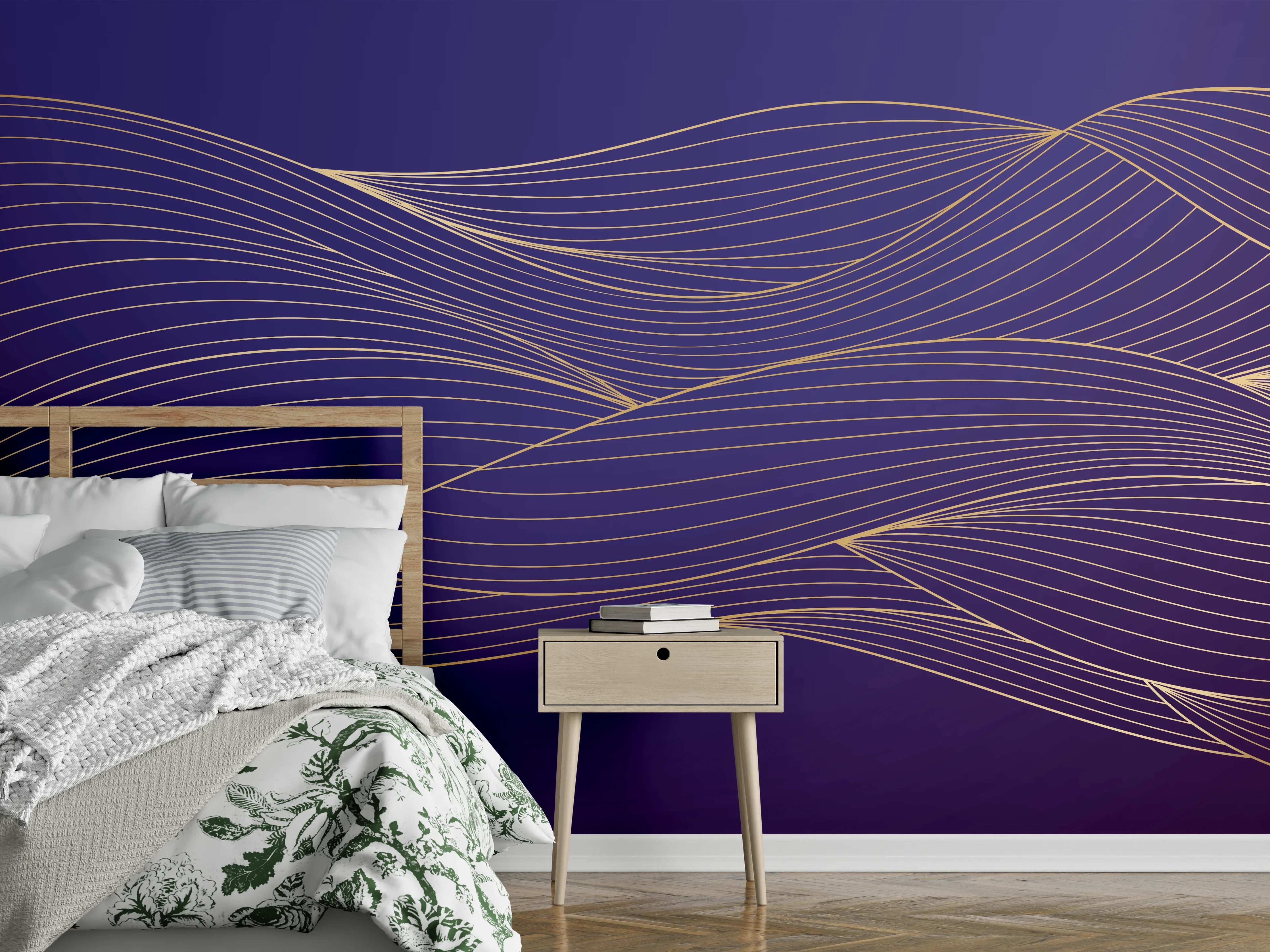Wandverkleidung Schlafzimmer - Abstrakte lila Wellenlinien Kunst