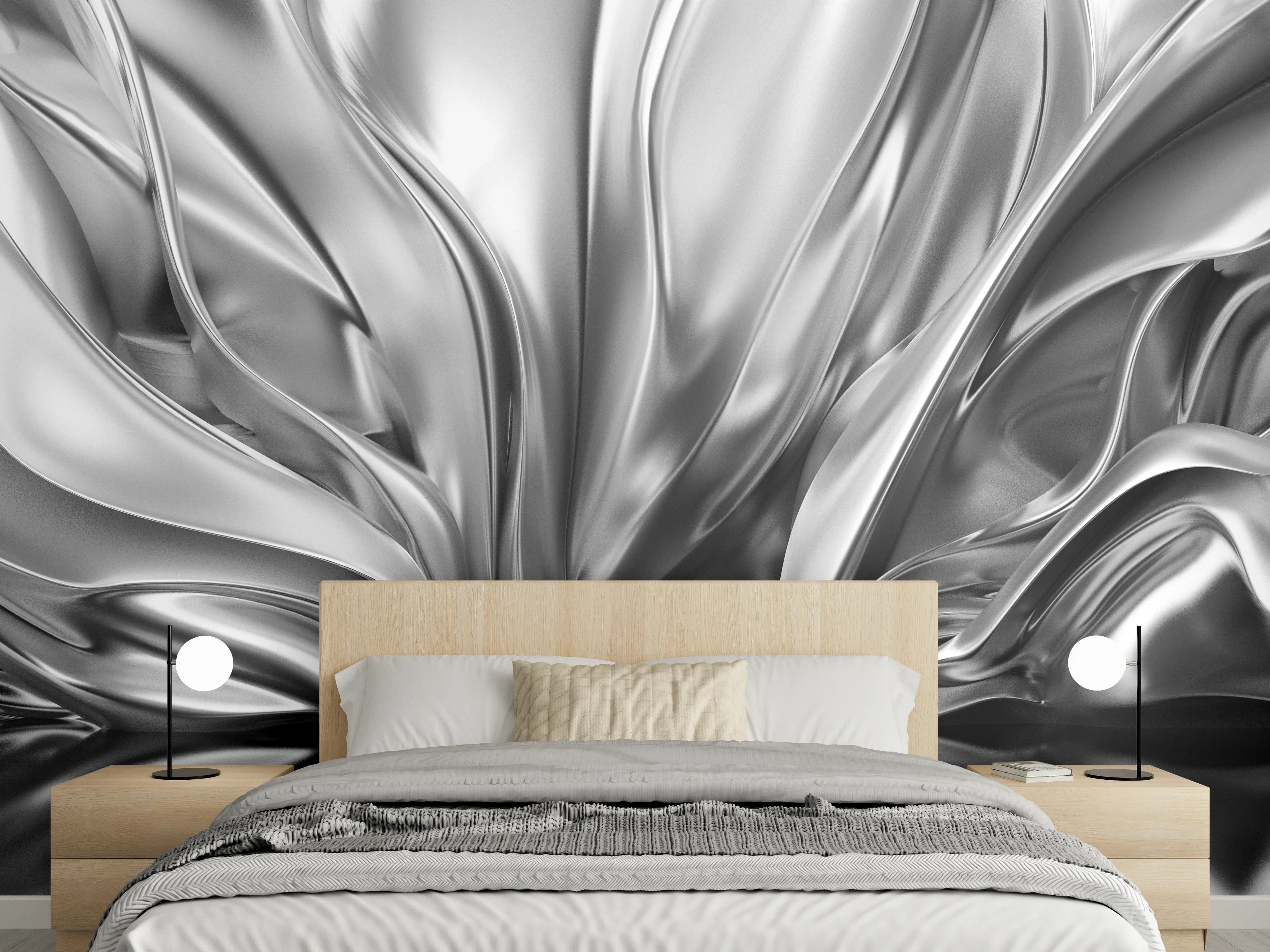 Wandverkleidung Schlafzimmer - Abstrakte silberne Wellen Wanddekor