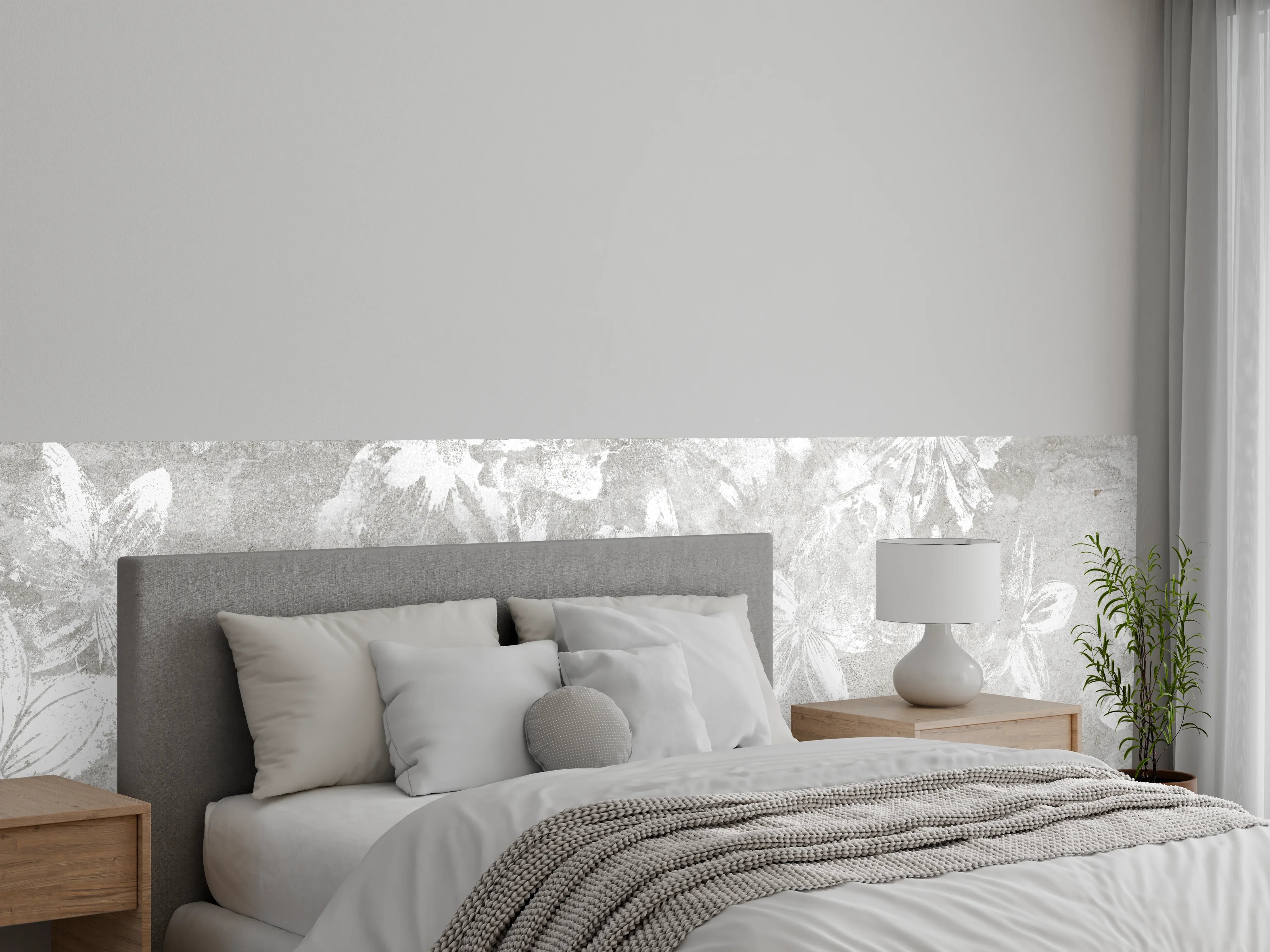 Wandverkleidung Schlafzimmer - Abstrakte weiße Blumen auf Beton