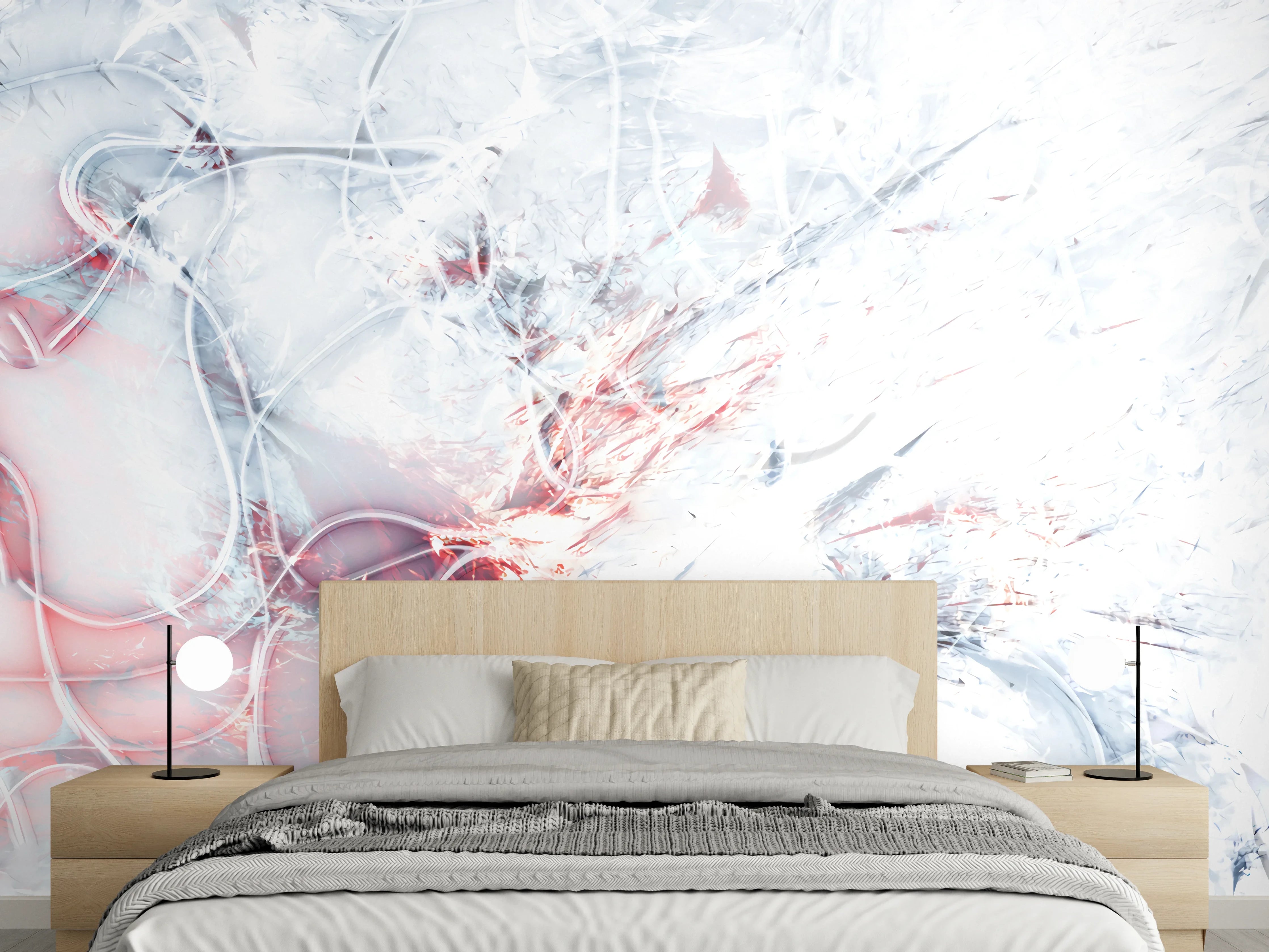 Wandverkleidung Schlafzimmer - Abstrakte weiße Wandkunst mit roten Akzenten