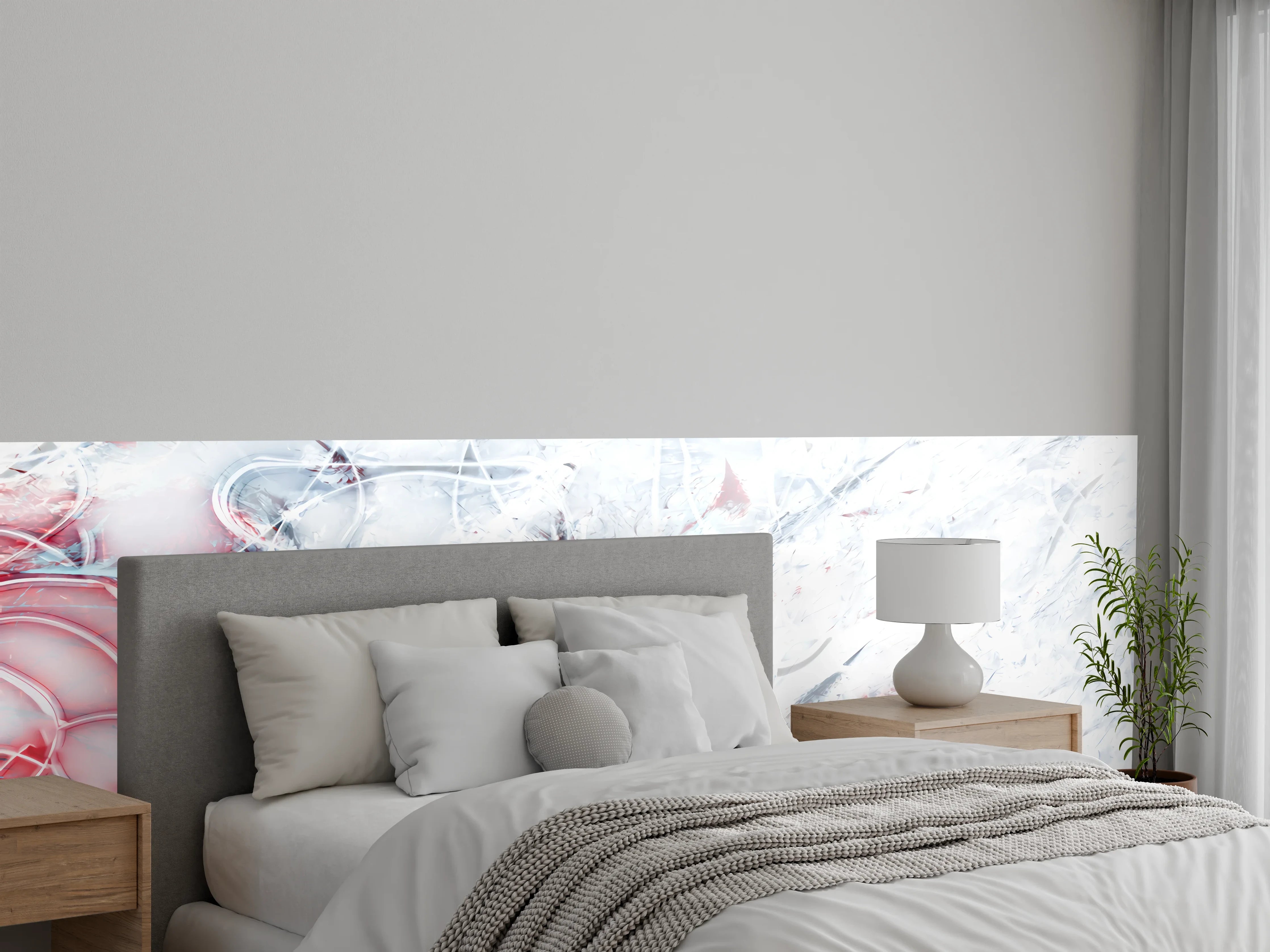 Wandverkleidung Schlafzimmer - Abstrakte weiße Wandkunst mit roten Akzenten