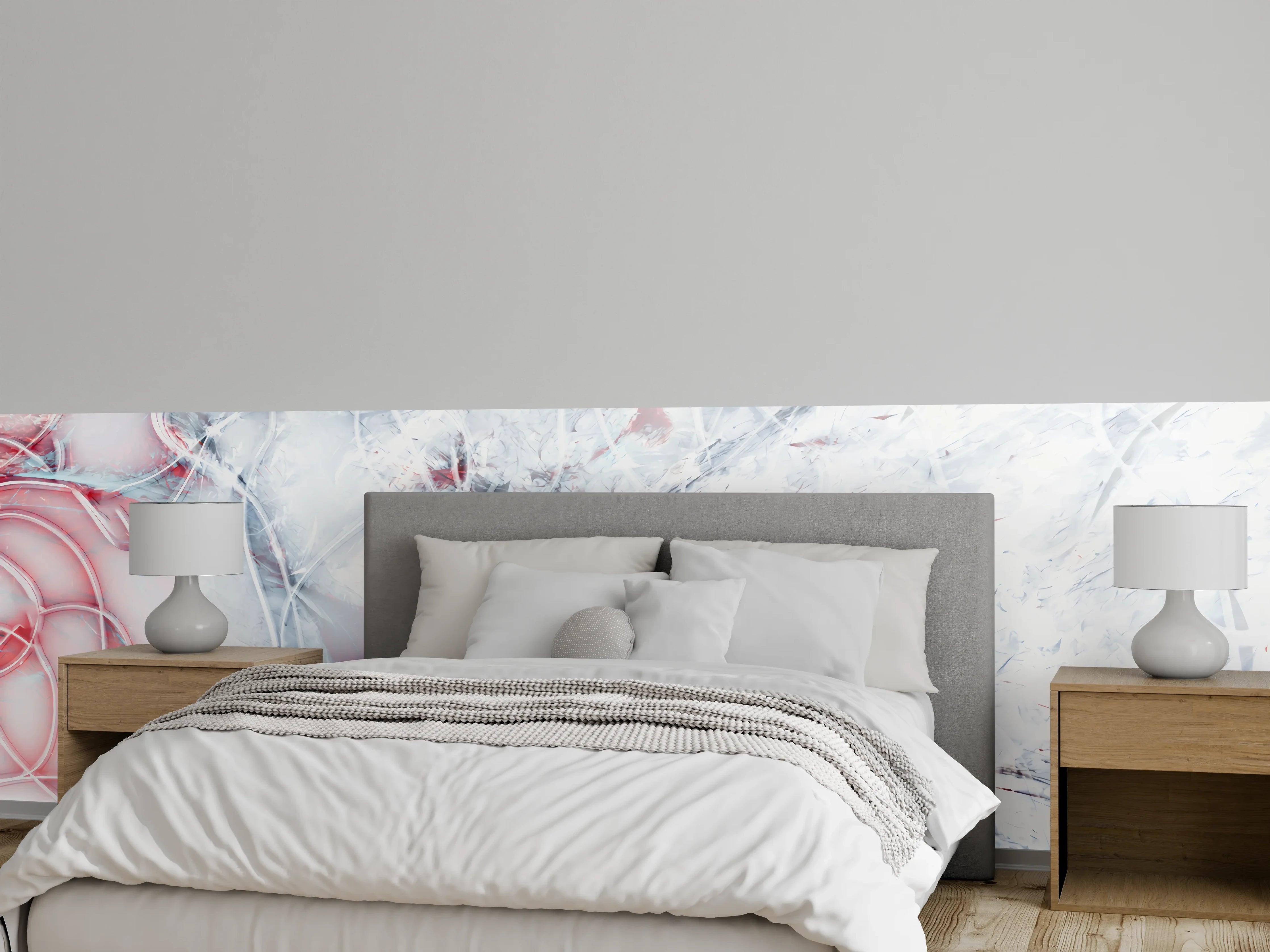 Wandverkleidung Schlafzimmer - Abstrakte weiße Wandkunst mit roten Akzenten