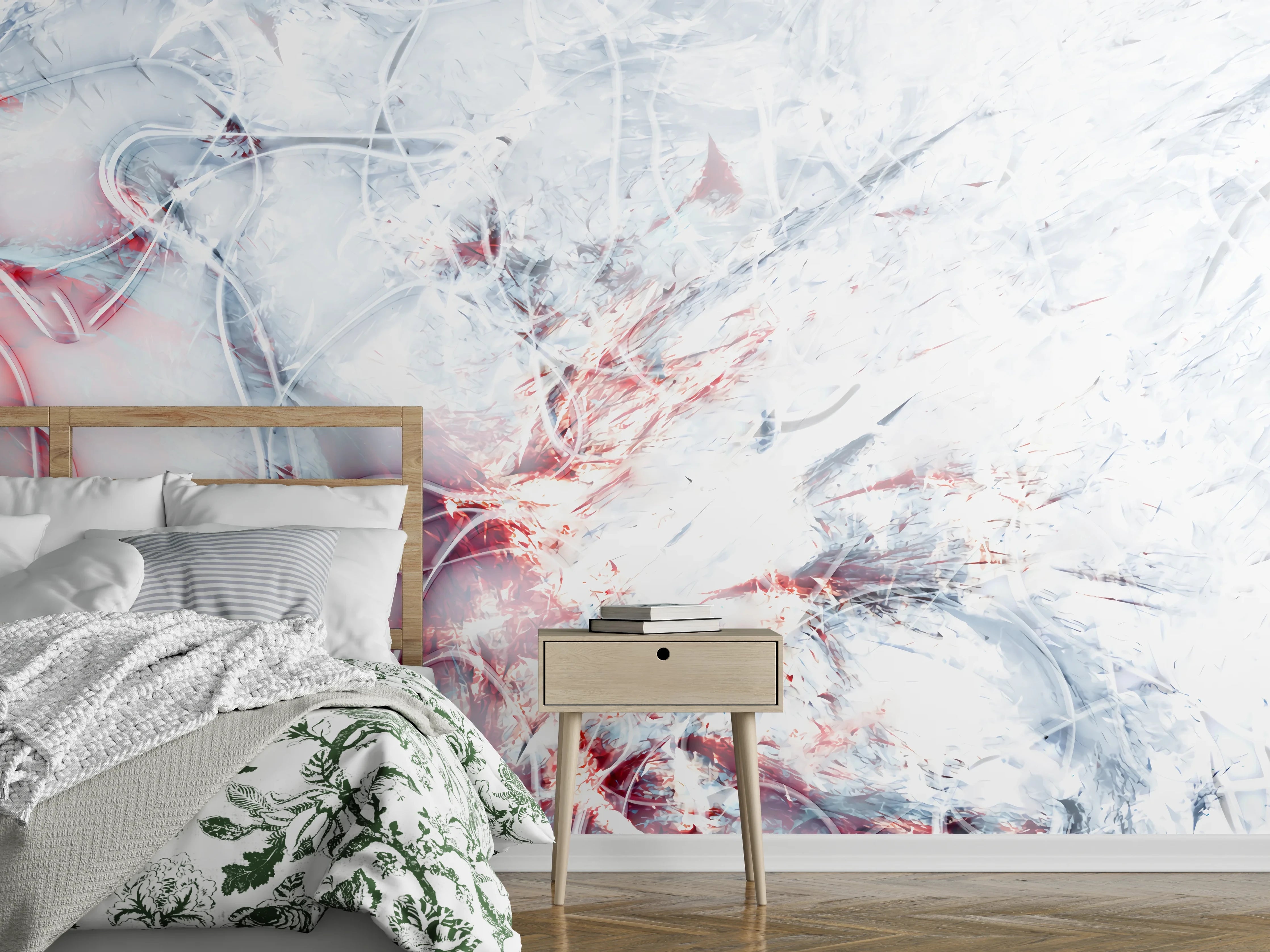 Wandverkleidung Schlafzimmer - Abstrakte weiße Wandkunst mit roten Akzenten