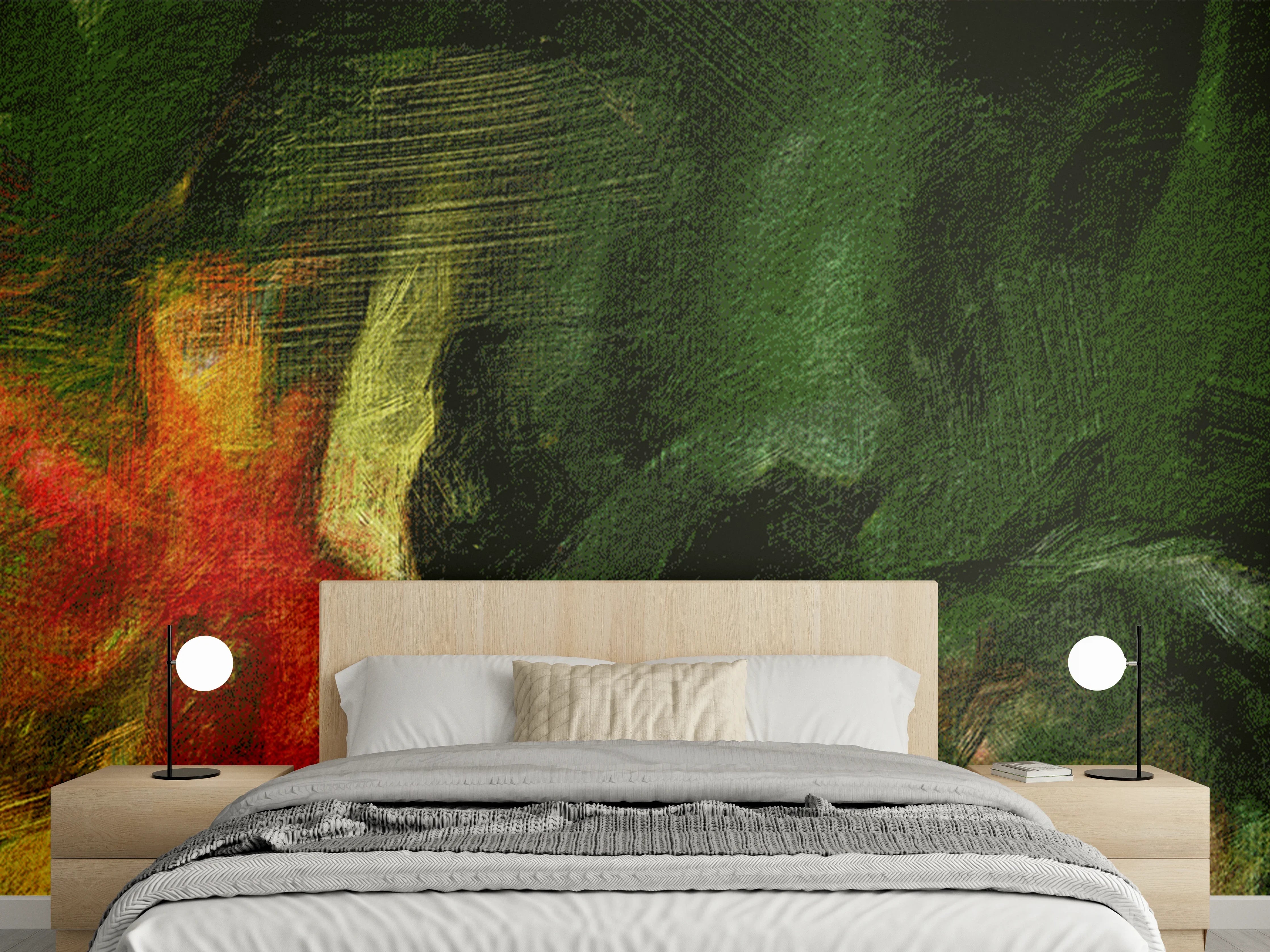 Wandverkleidung Schlafzimmer - Abstrakter Dschungel Aquarell Grünrot
