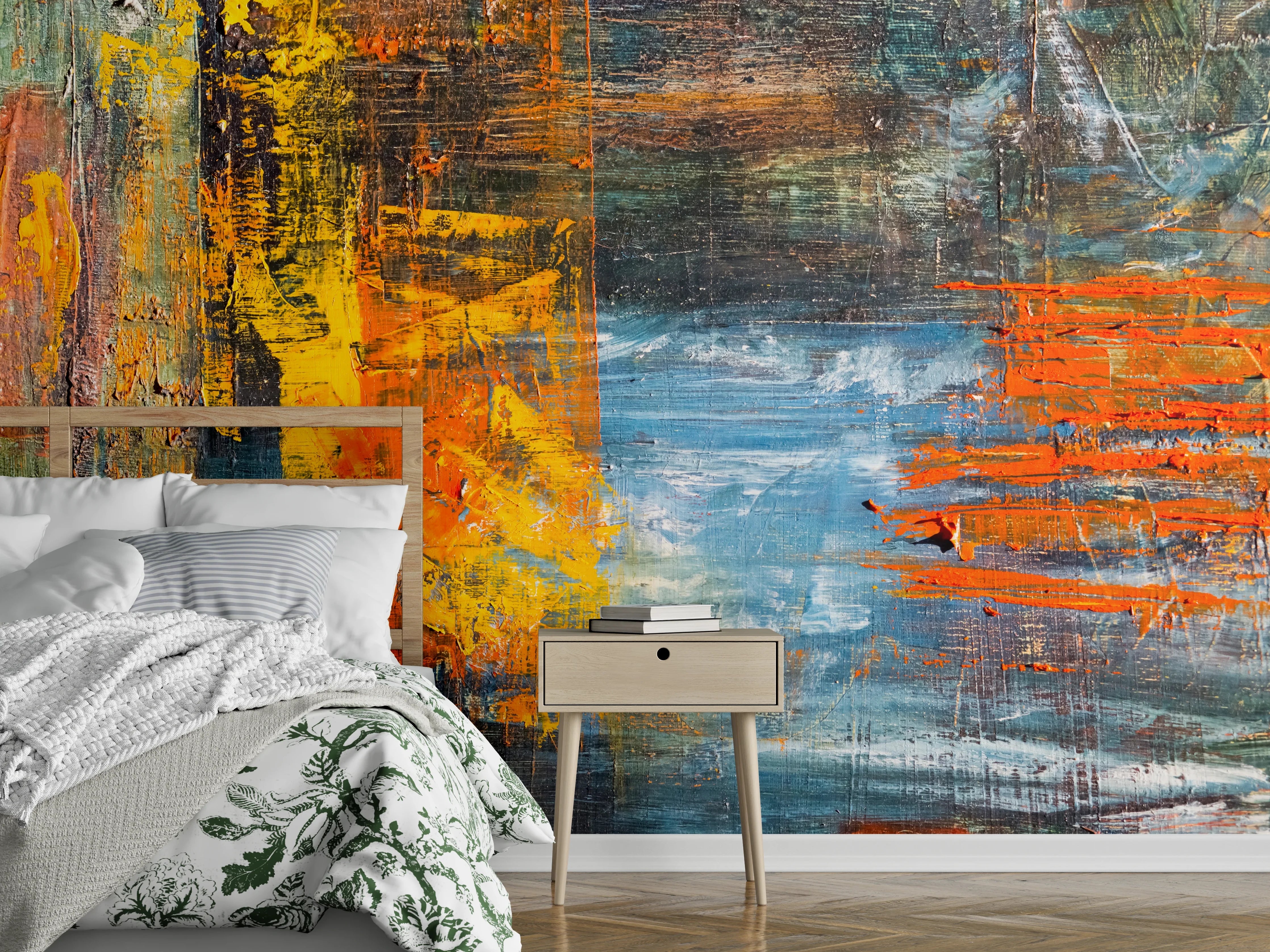 Wandverkleidung Schlafzimmer - Abstraktes Acrylbild Gelb-Orange-Blau
