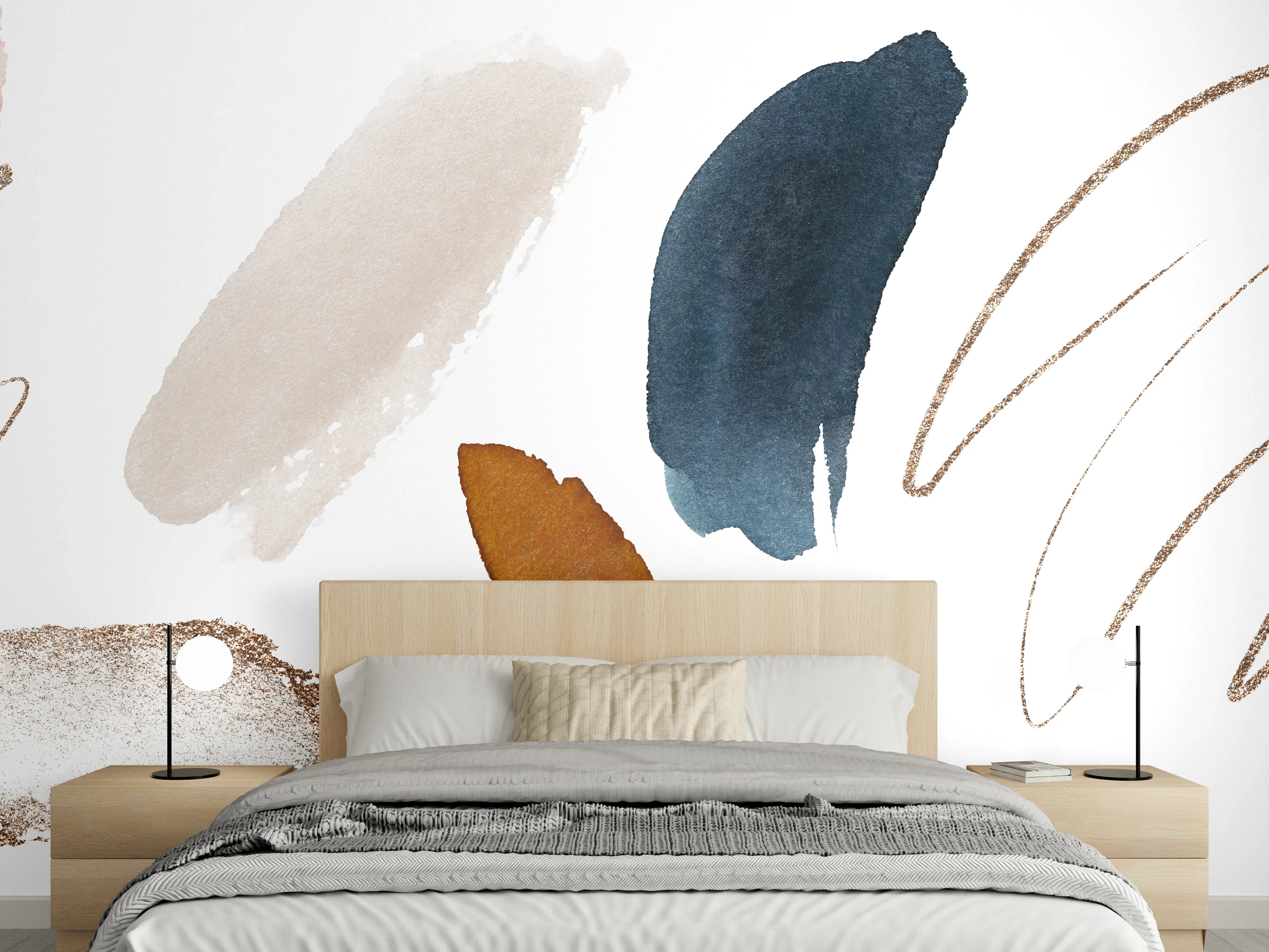 Wandverkleidung Schlafzimmer - Abstraktes Aquarell Beige Blau Braun