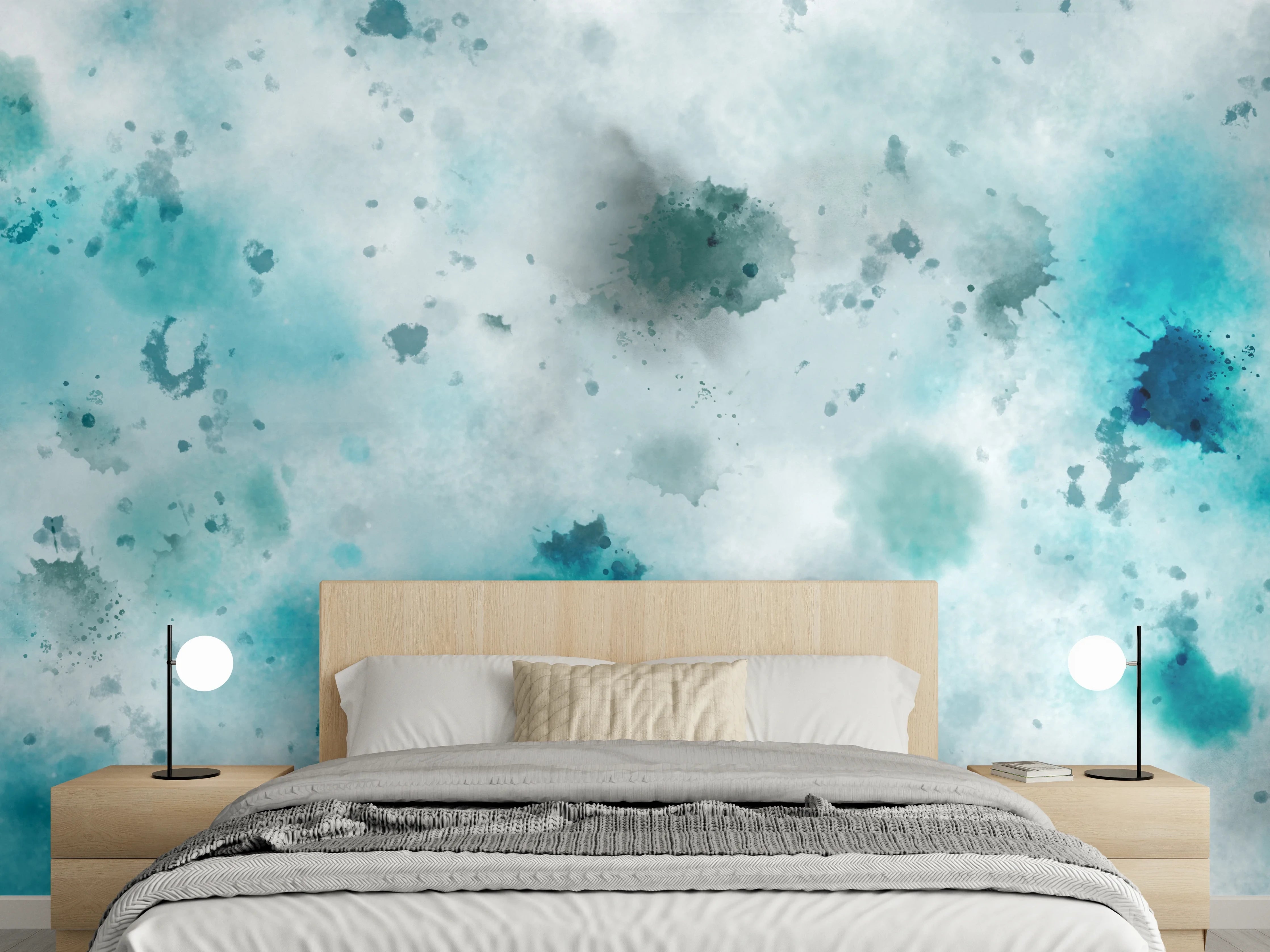 Wandverkleidung Schlafzimmer - Abstraktes Aquarell Blau Türkis Weiß