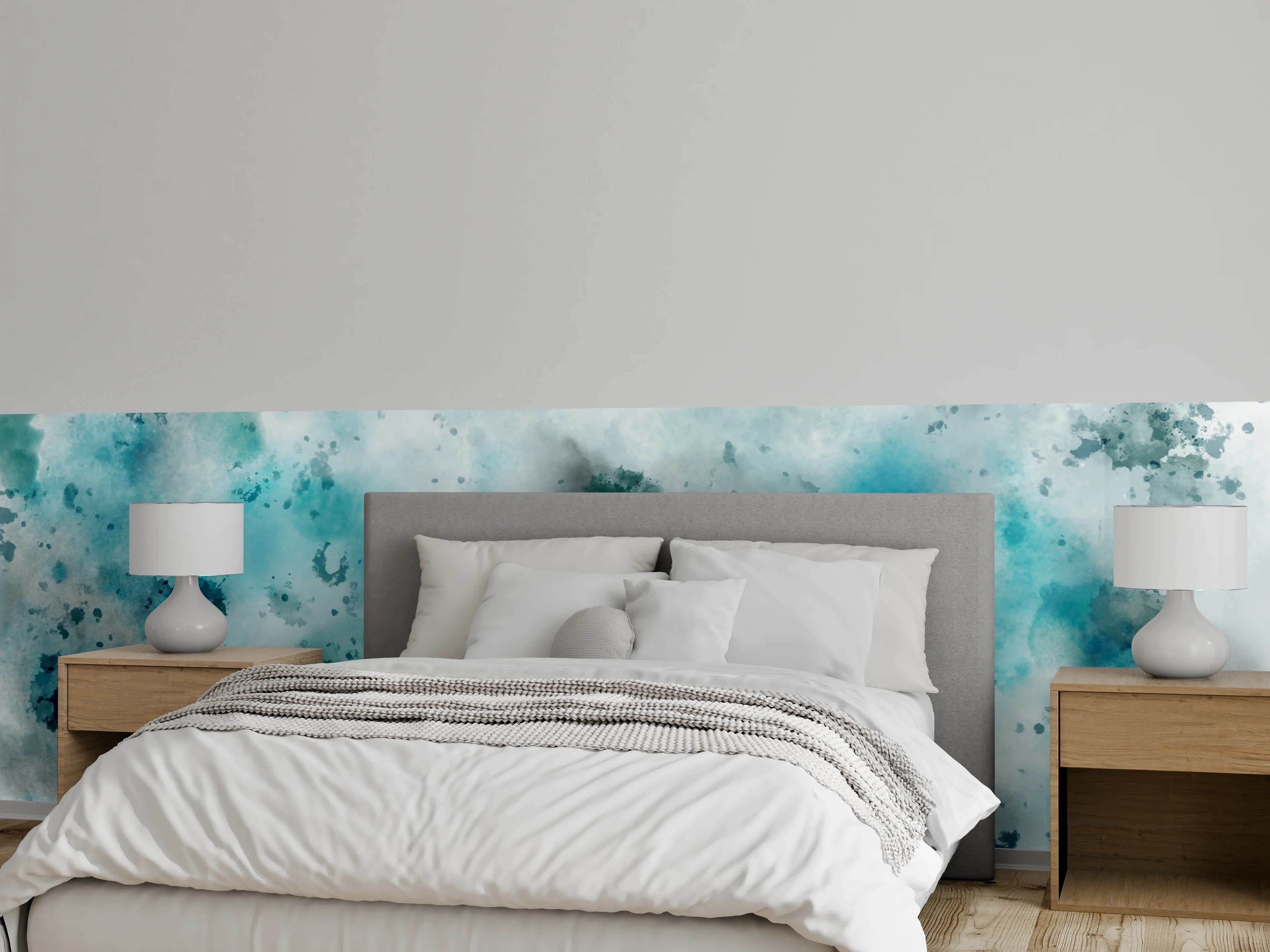 Wandverkleidung Schlafzimmer - Abstraktes Aquarell Blau Türkis Weiß