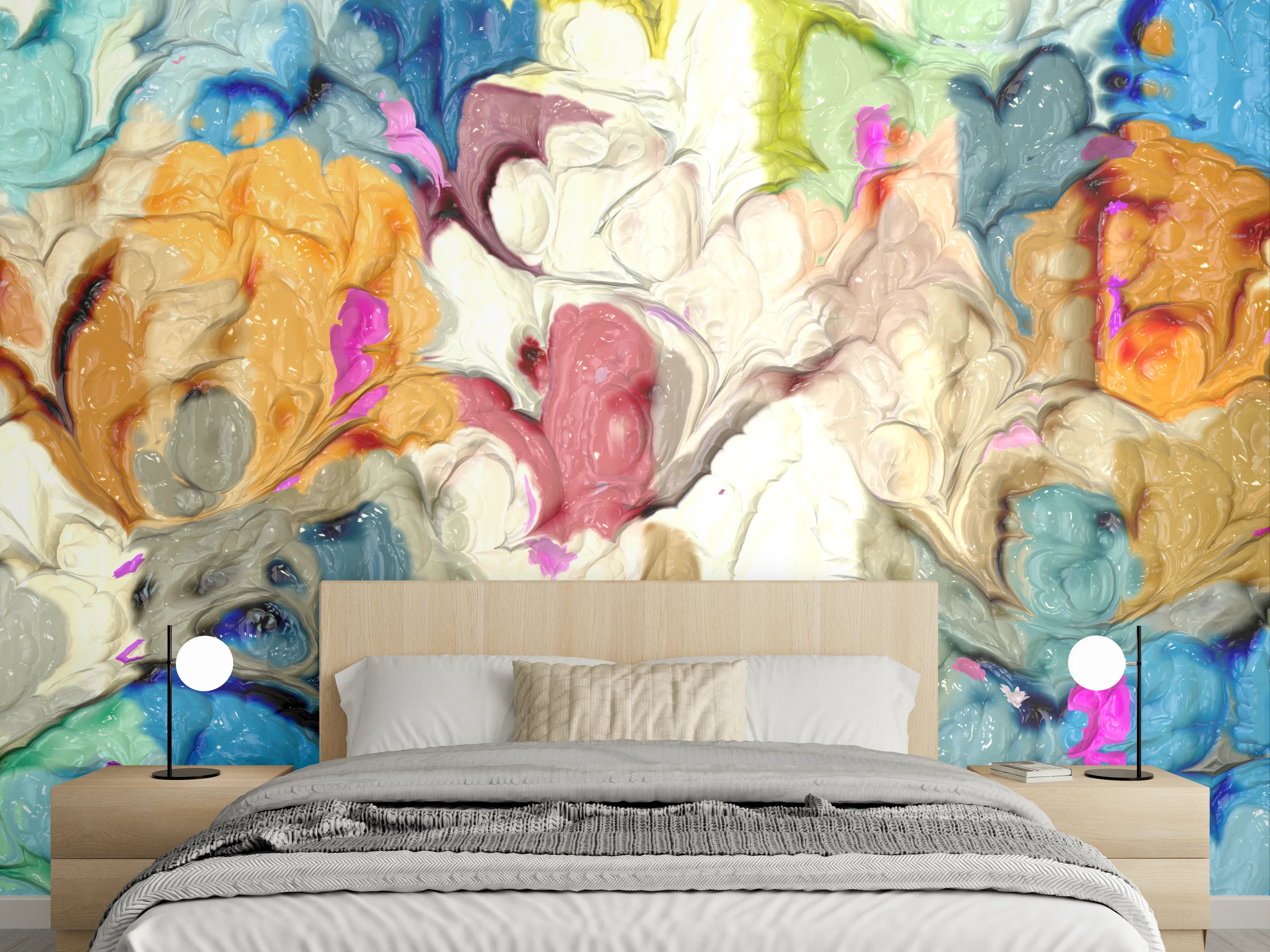 Wandverkleidung Schlafzimmer - Abstraktes Aquarell Blumenmuster bunt