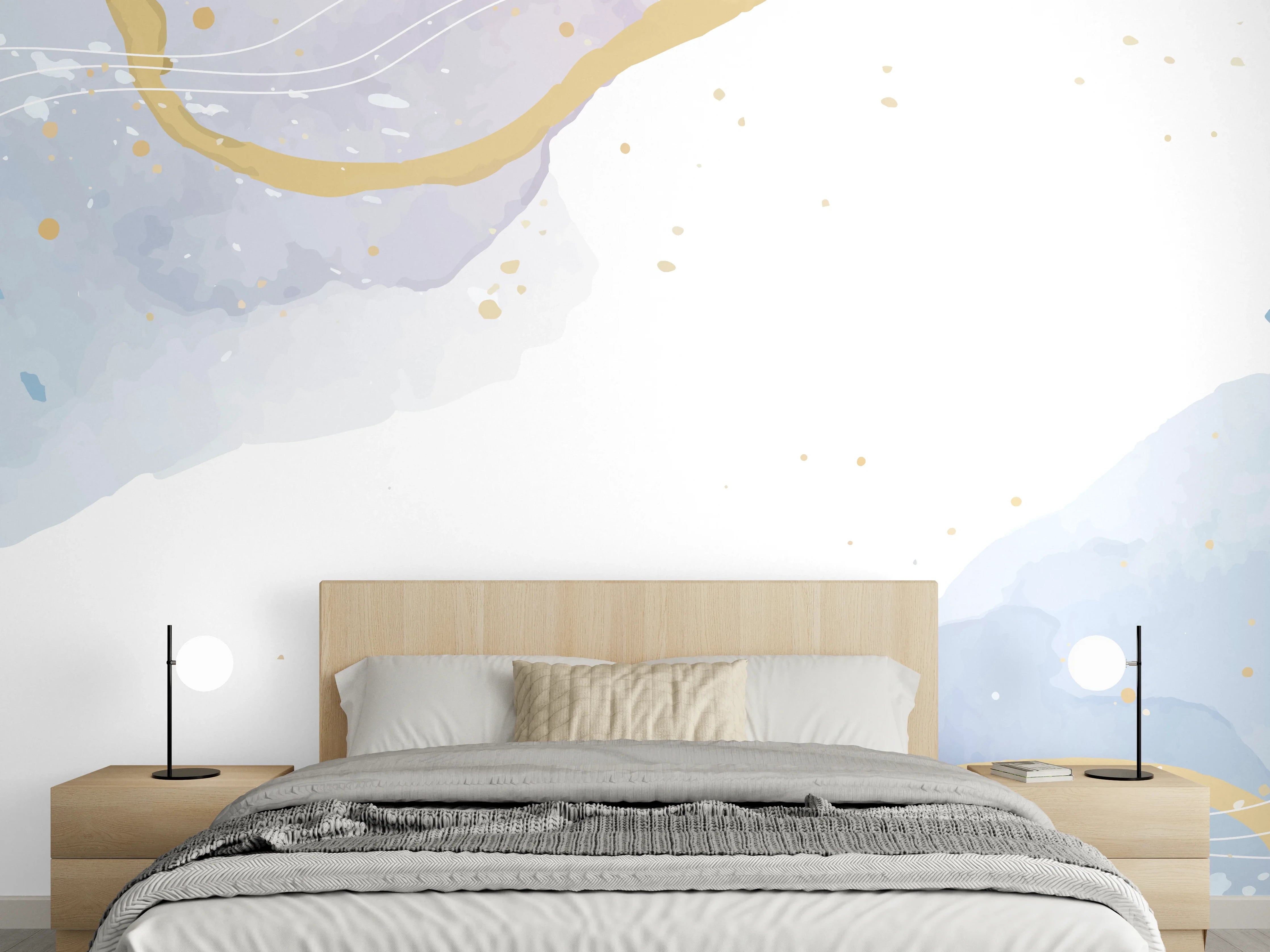 Wandverkleidung Schlafzimmer - Abstraktes Aquarell in Blau und Gold
