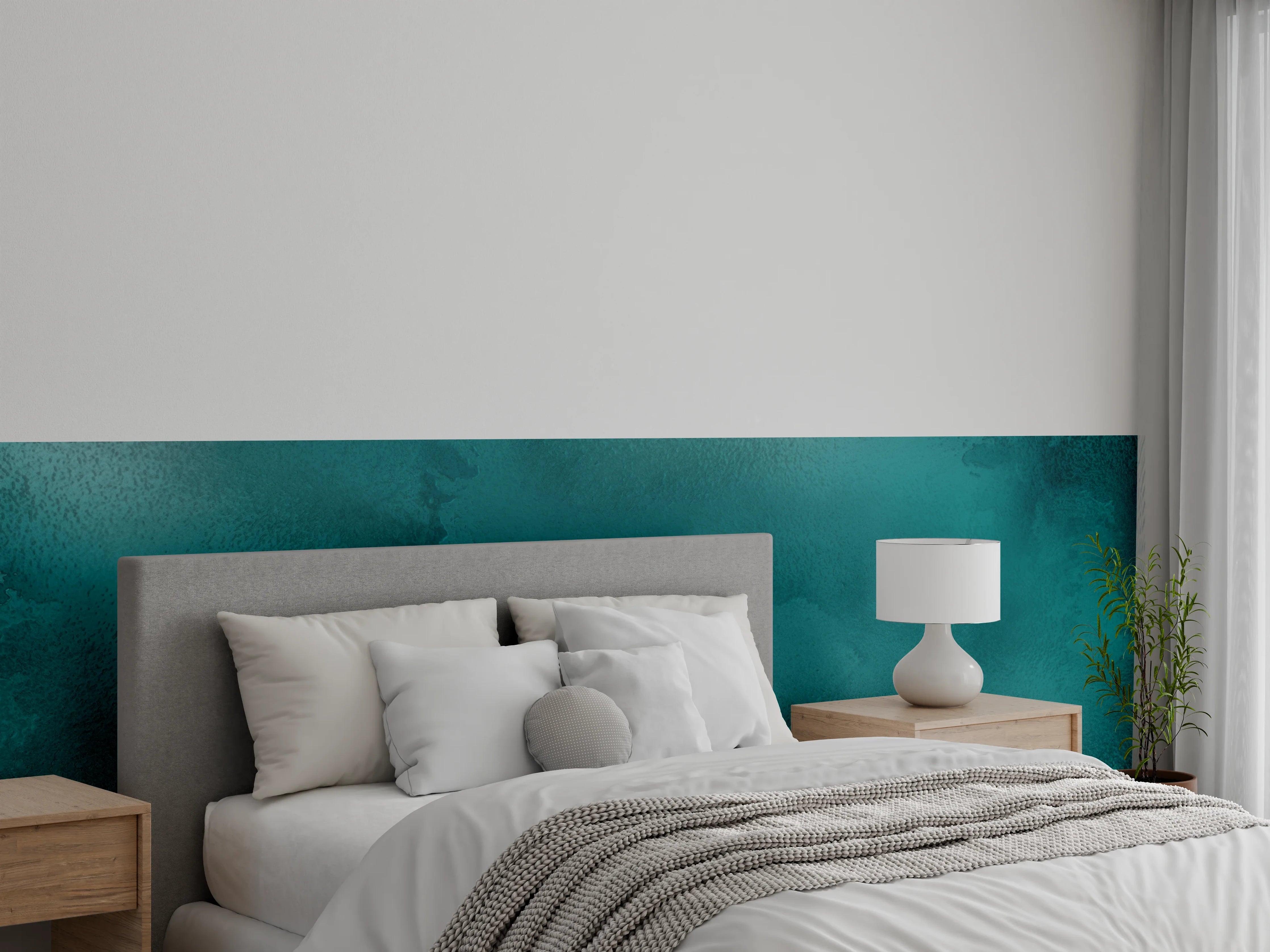 Wandverkleidung Schlafzimmer - Abstraktes Aquarell in Türkis & Blau