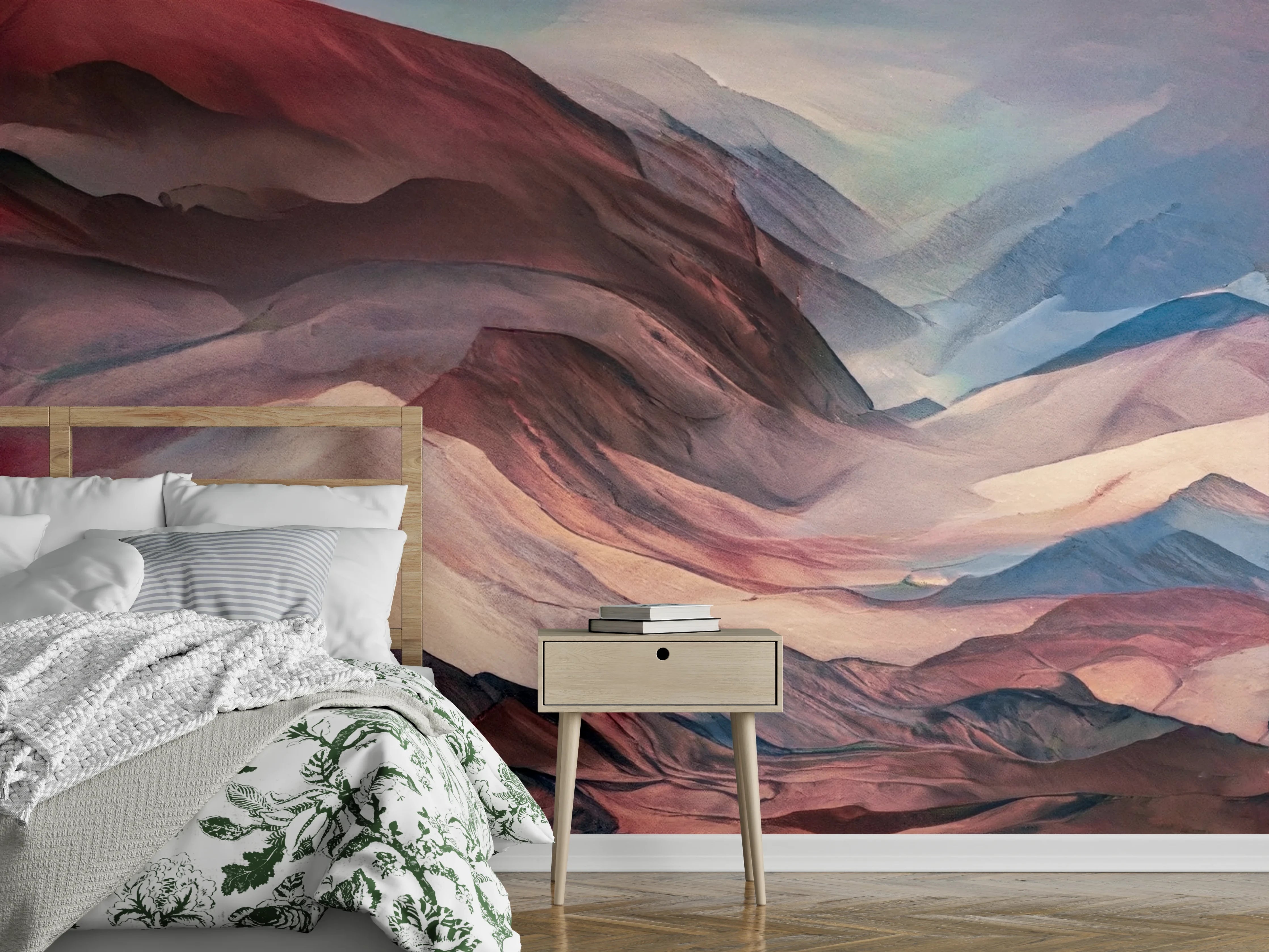 Wandverkleidung Schlafzimmer - Abstraktes Bergmotiv in Rot-Blau