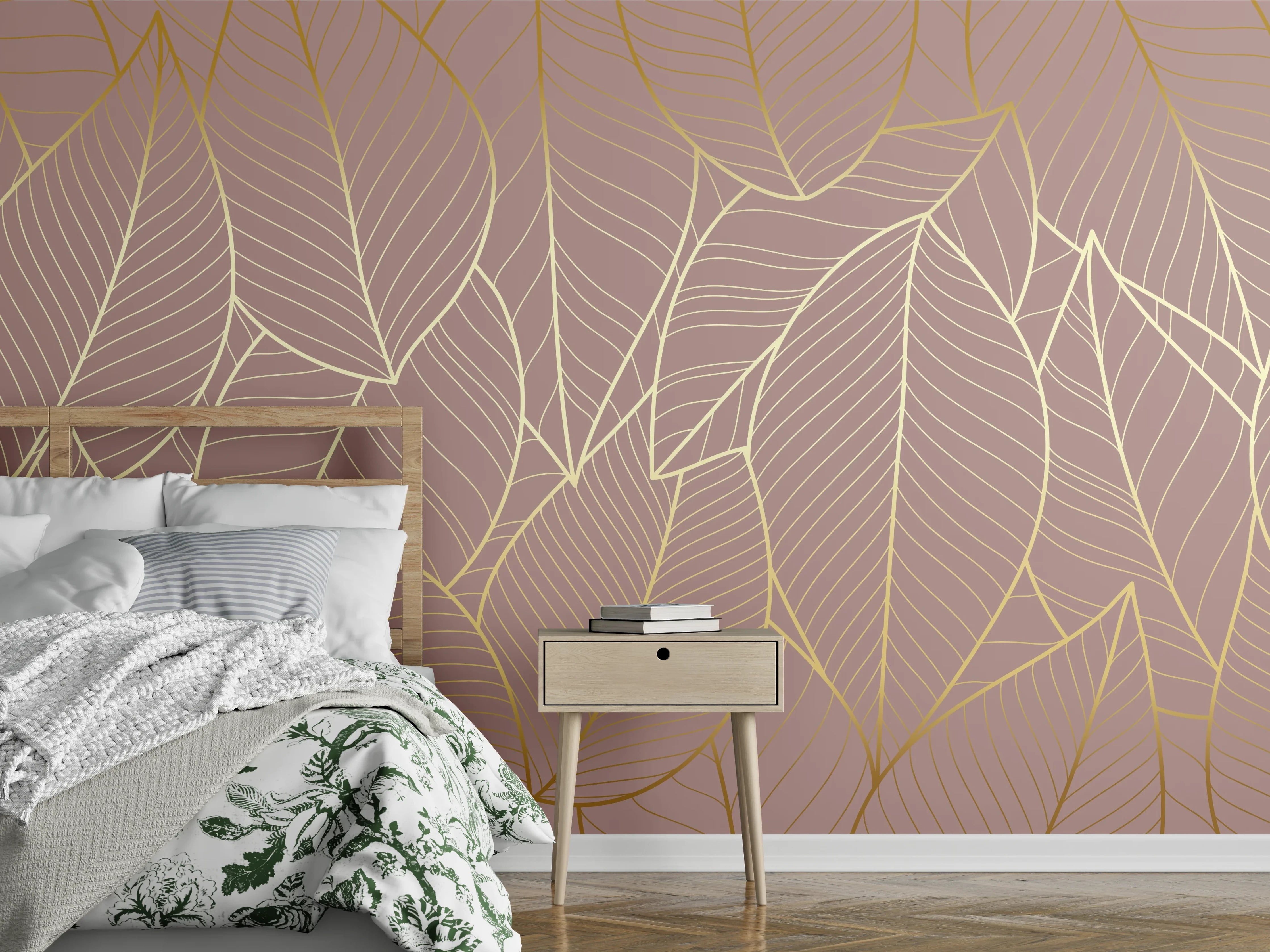 Wandverkleidung Schlafzimmer - Abstraktes Blattgold-Muster