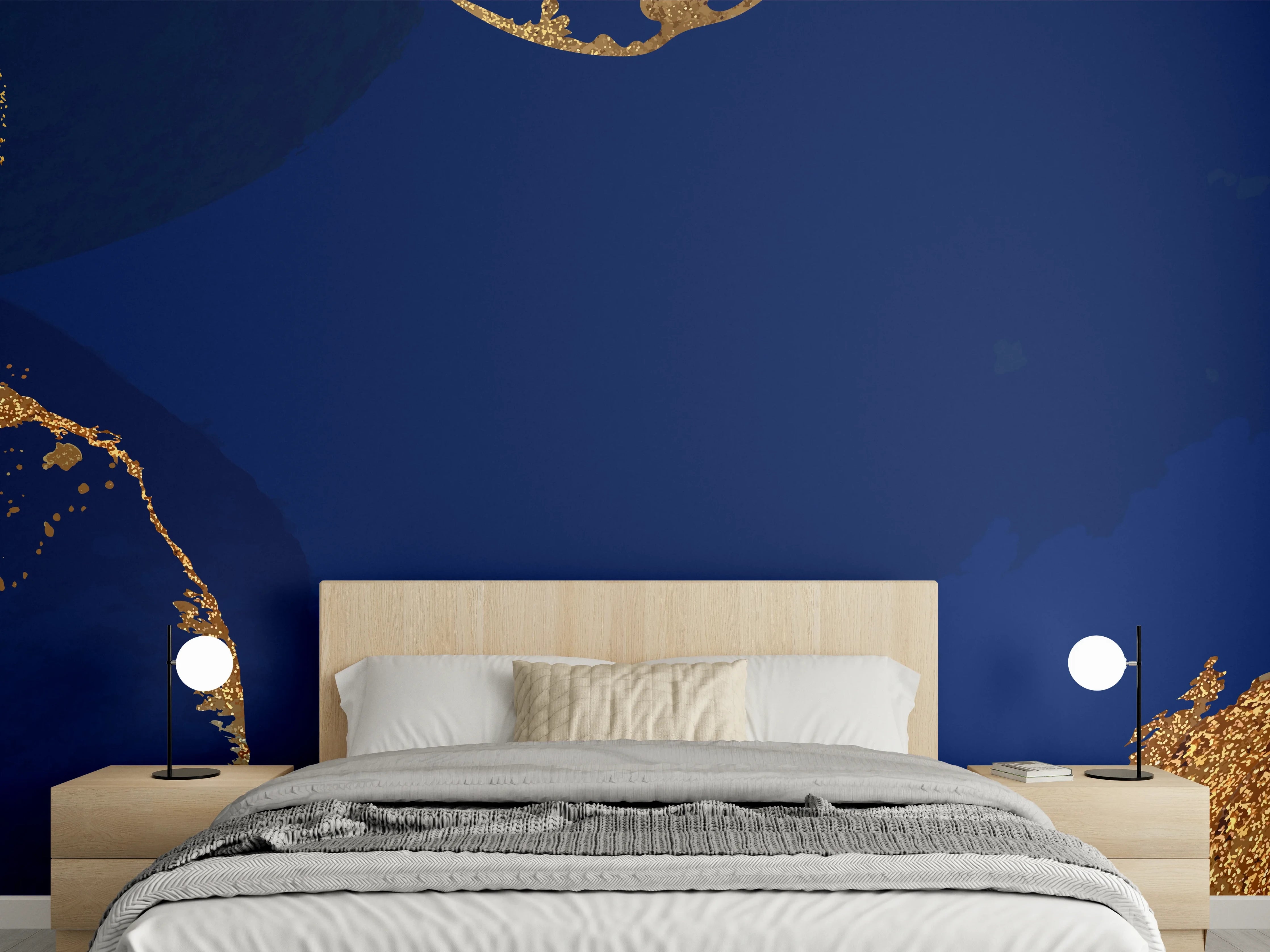 Wandverkleidung Schlafzimmer - Abstraktes Blau-Gold Wanddesign