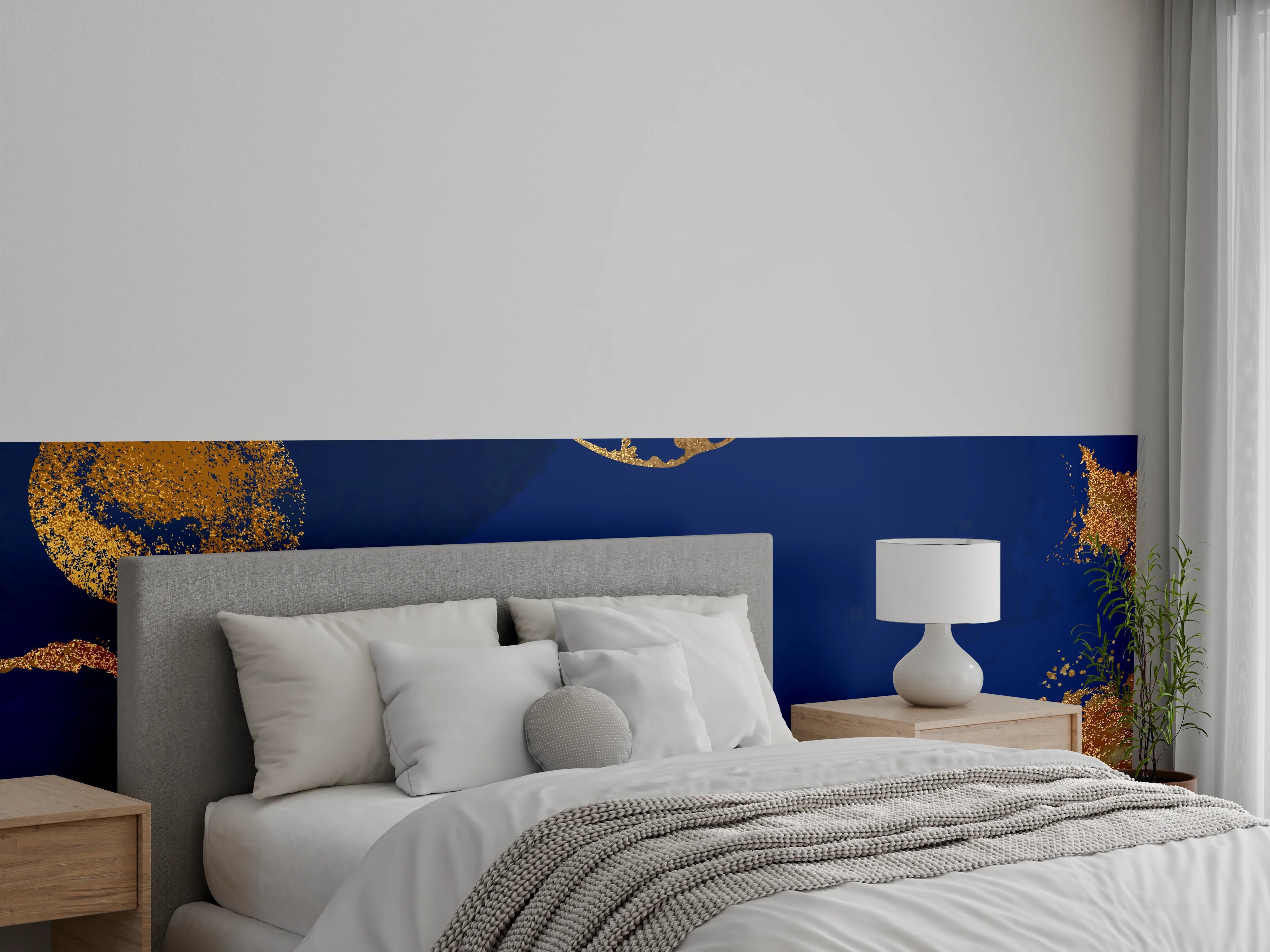 Wandverkleidung Schlafzimmer - Abstraktes Blau-Gold Wanddesign