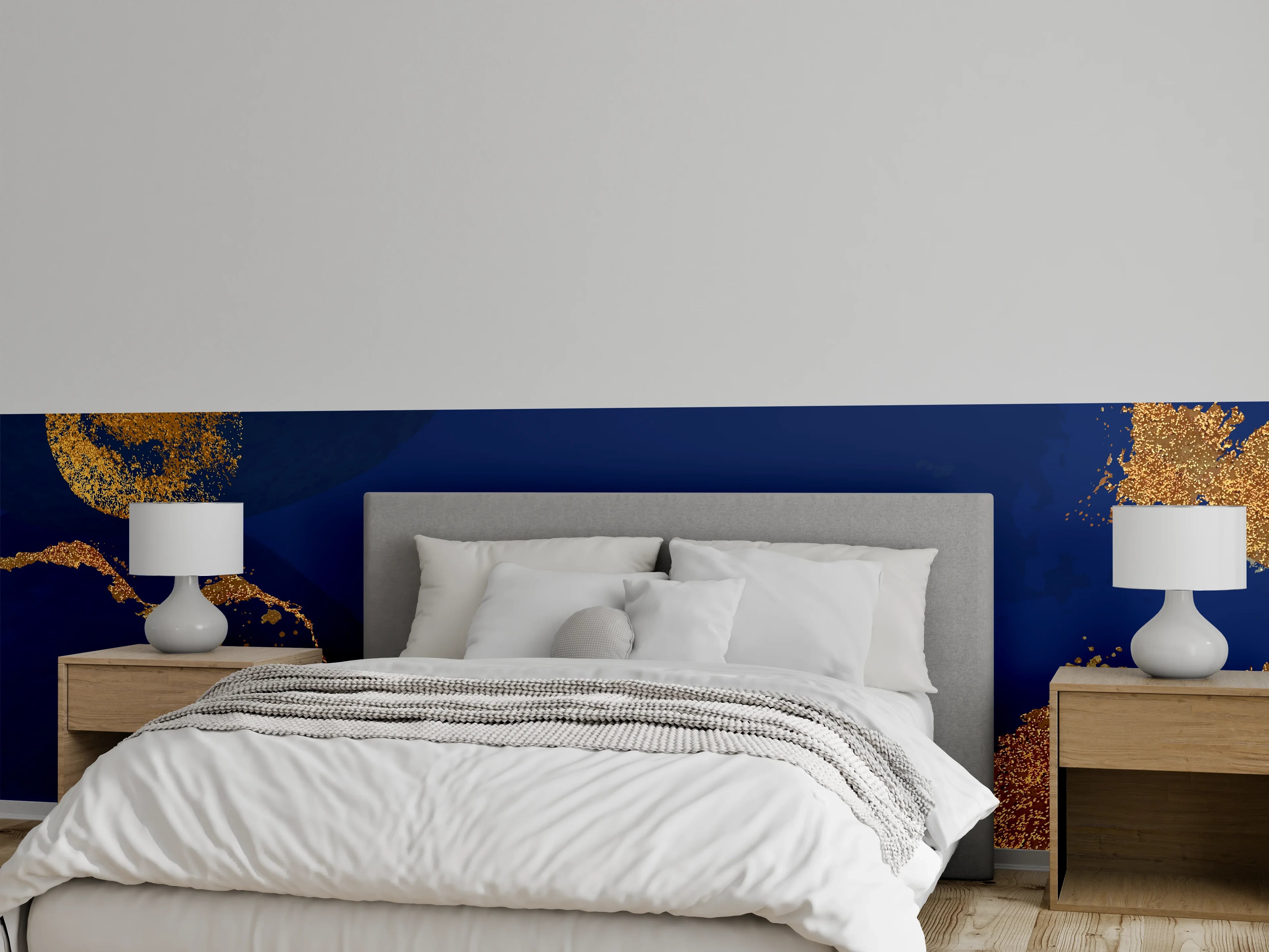 Wandverkleidung Schlafzimmer - Abstraktes Blau-Gold Wanddesign
