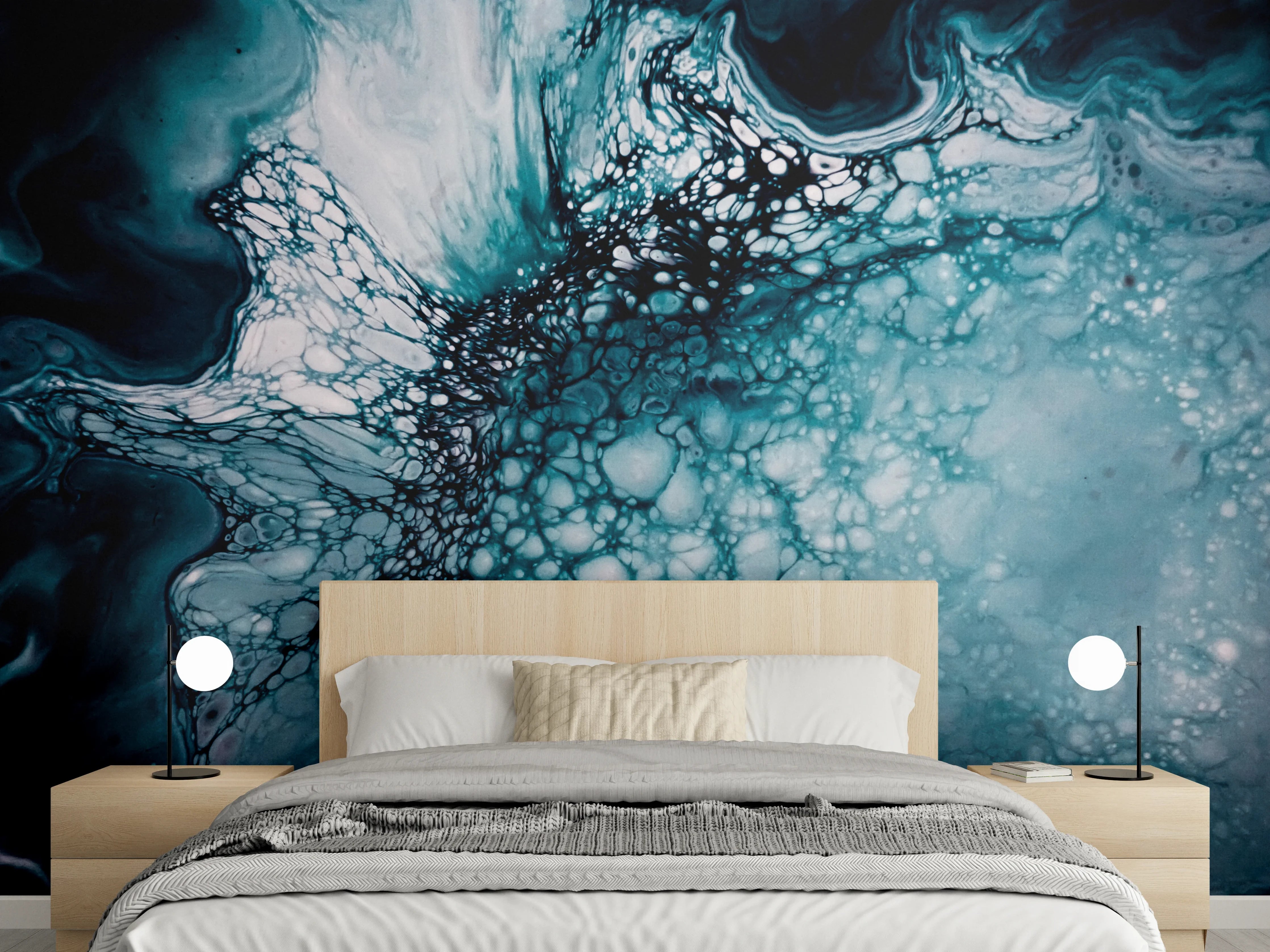 Wandverkleidung Schlafzimmer - Abstraktes Blau-weißes Zellmuster Fluidart