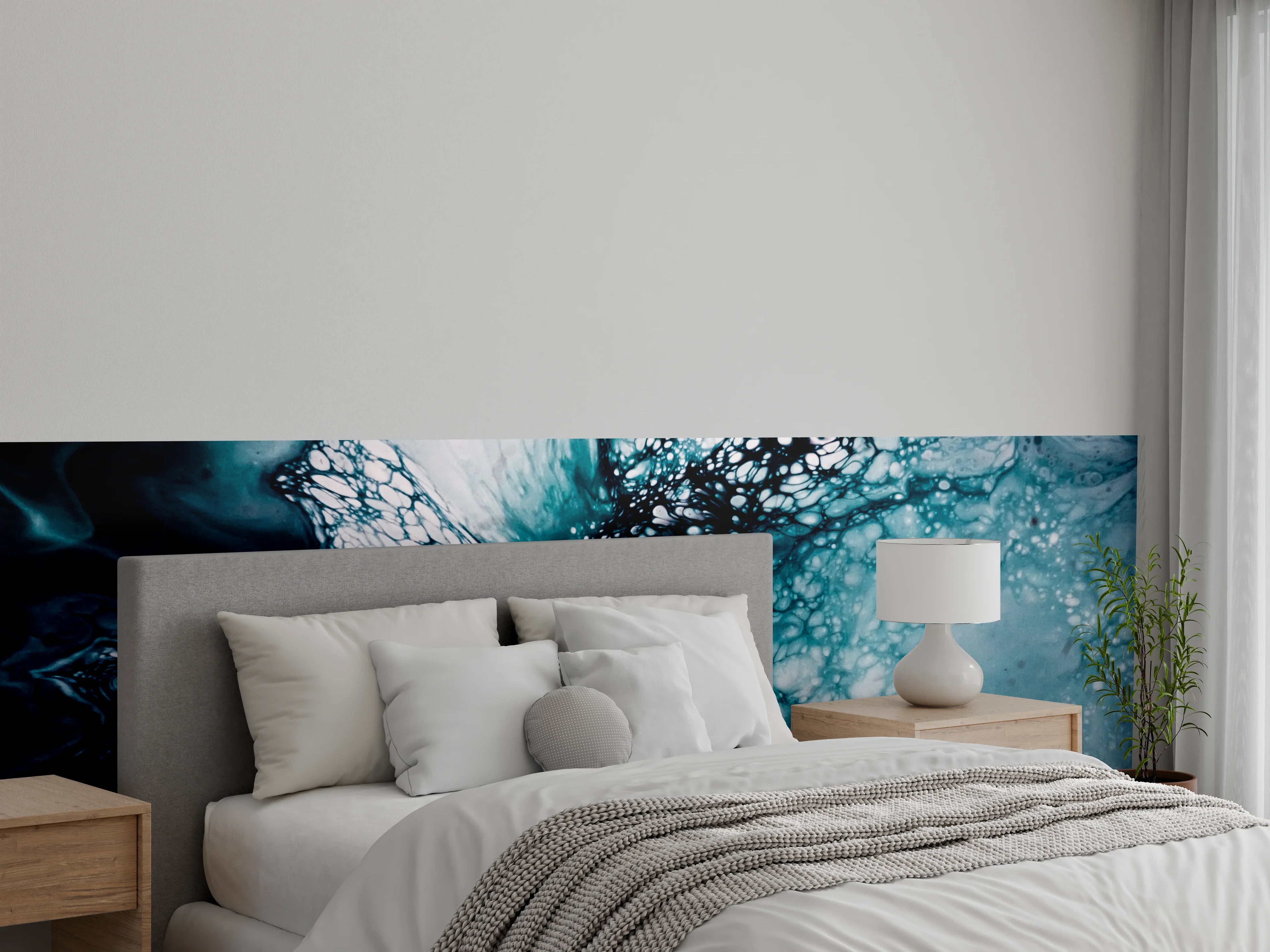 Wandverkleidung Schlafzimmer - Abstraktes Blau-weißes Zellmuster Fluidart