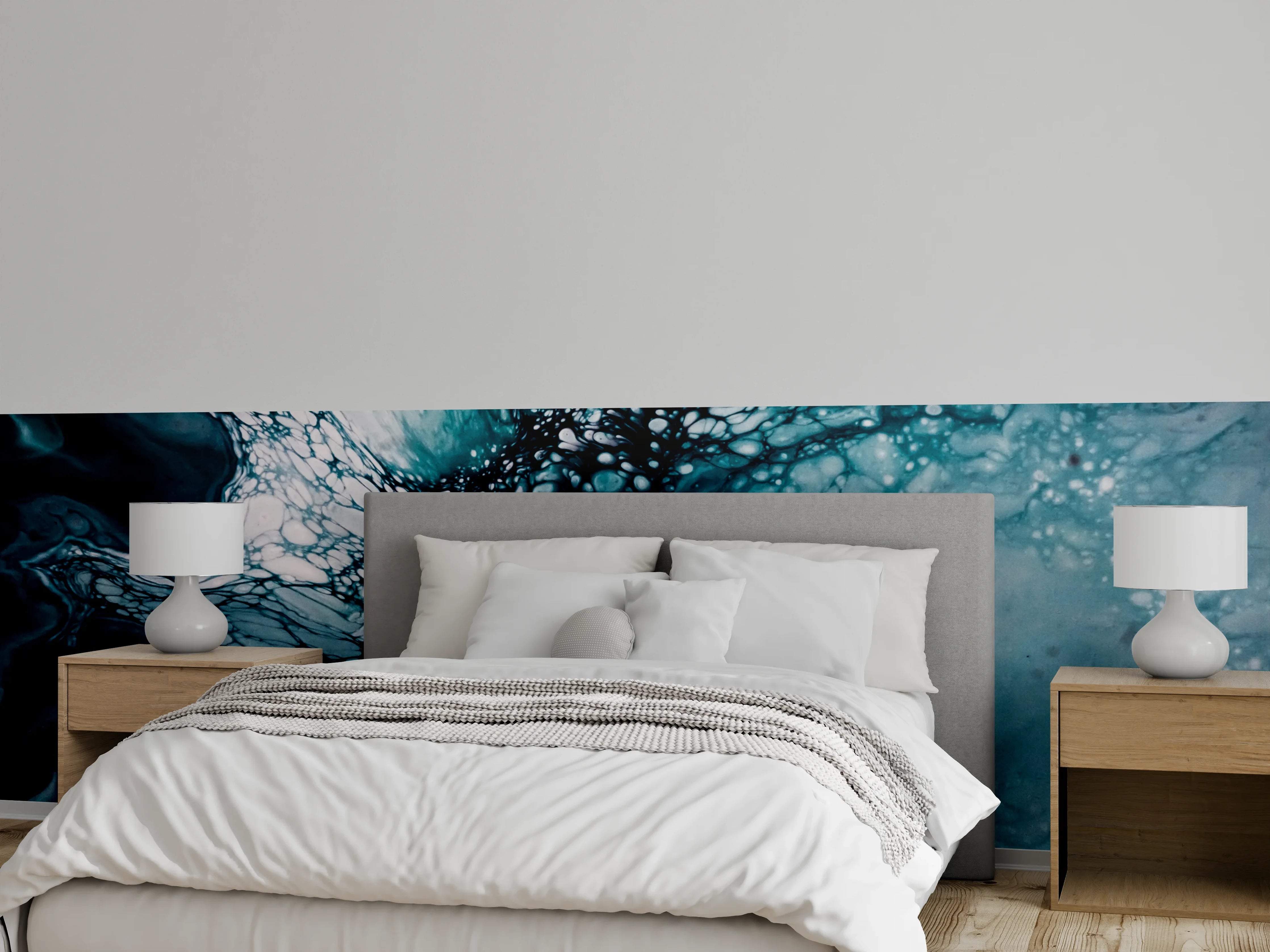 Wandverkleidung Schlafzimmer - Abstraktes Blau-weißes Zellmuster Fluidart