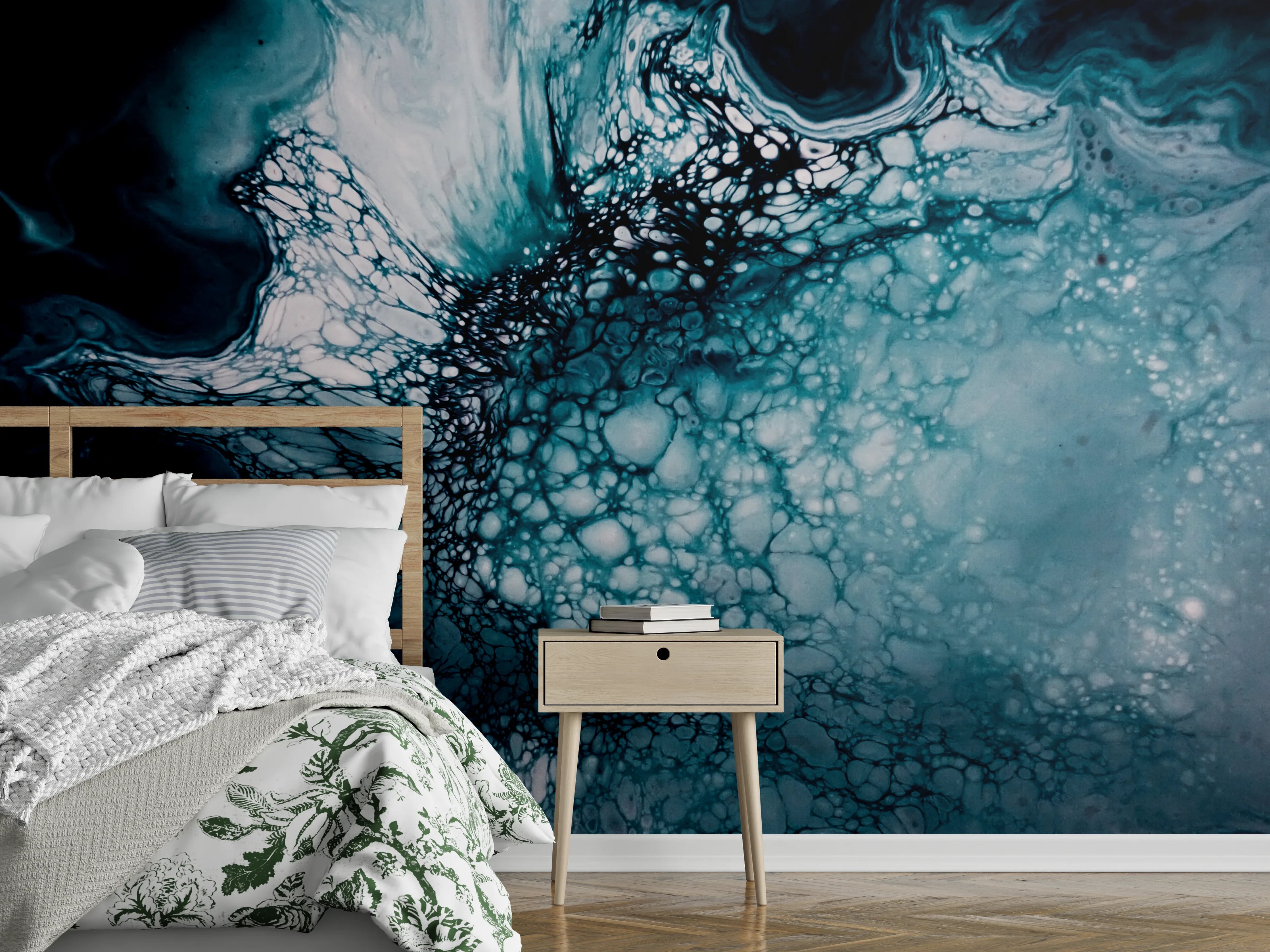 Wandverkleidung Schlafzimmer - Abstraktes Blau-weißes Zellmuster Fluidart