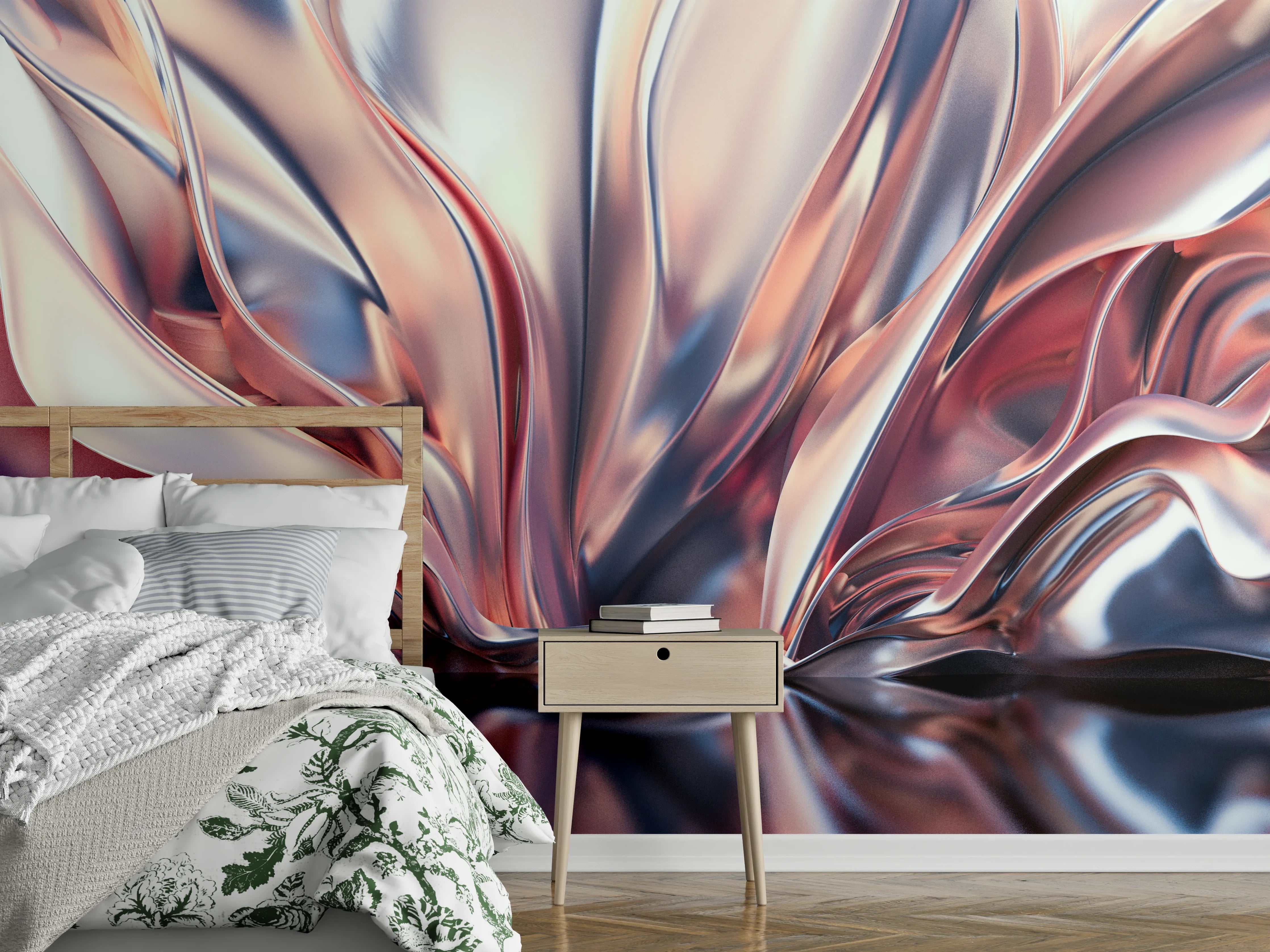 Wandverkleidung Schlafzimmer - Abstraktes Blütenmotiv in Metallic-Optik