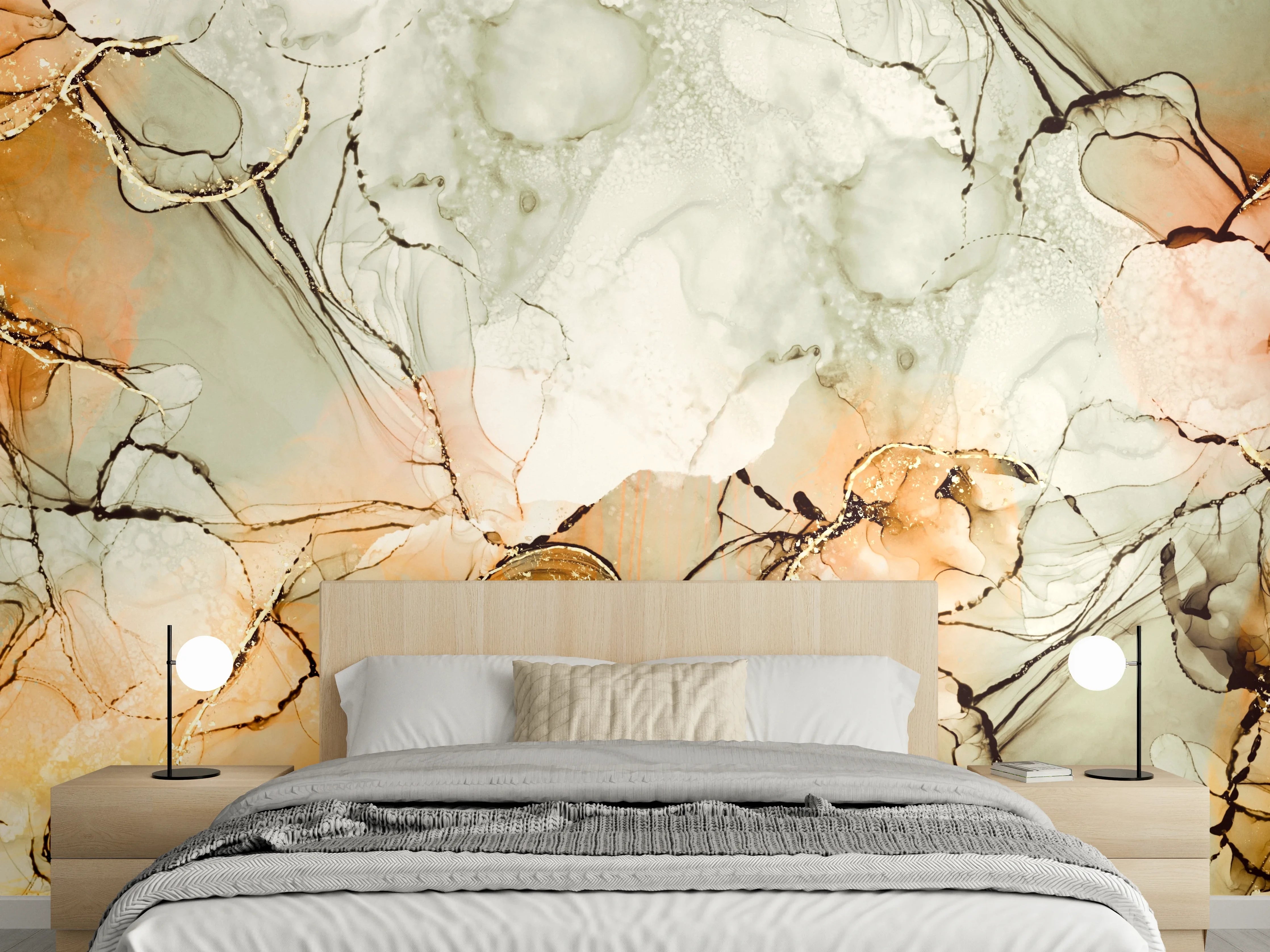 Wandverkleidung Schlafzimmer - Abstraktes Braun-Orange Marmor-Design