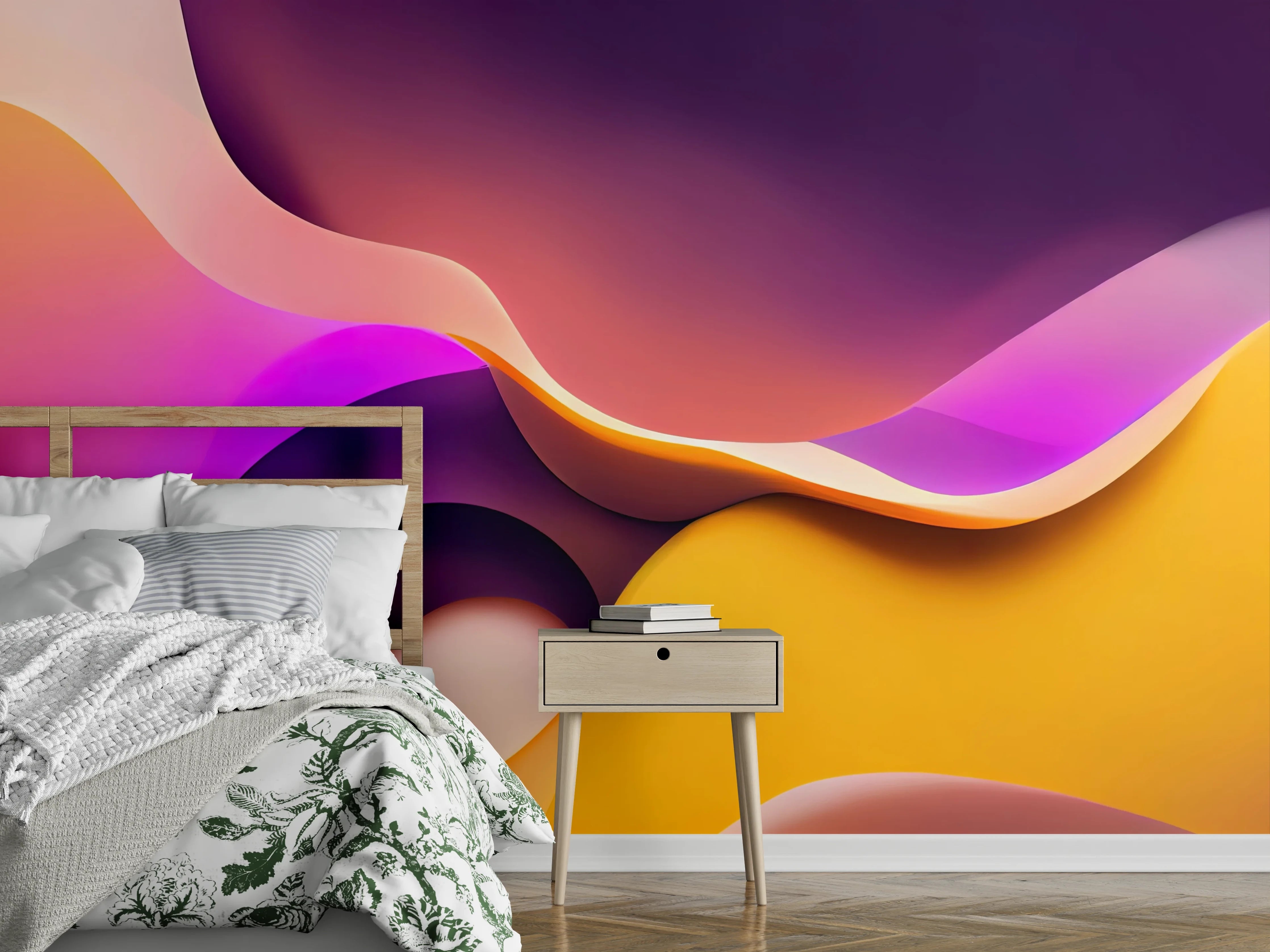 Wandverkleidung Schlafzimmer - Abstraktes Farbspiel in Gelb und Violett
