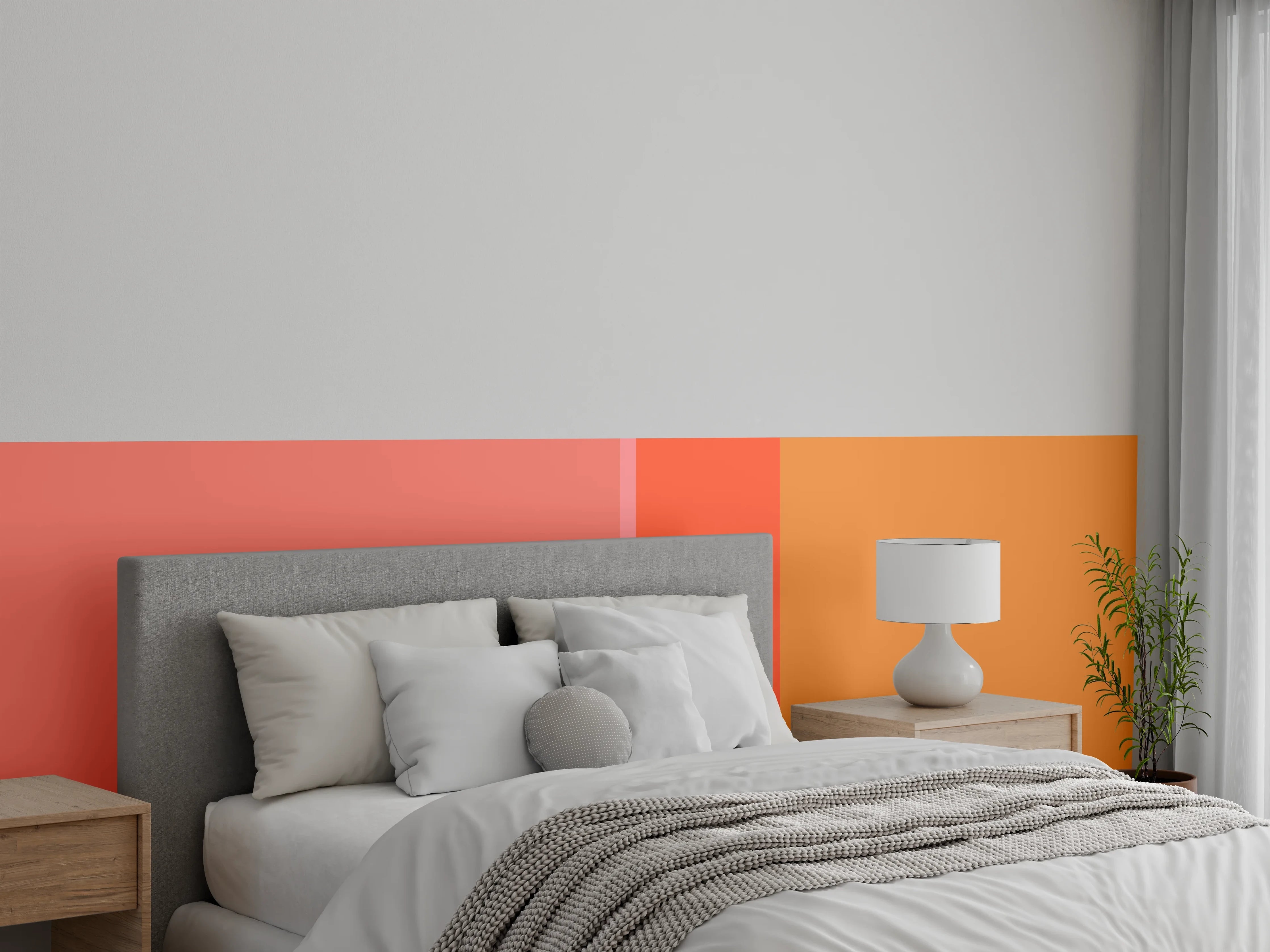 Wandverkleidung Schlafzimmer - Abstraktes Farbspiel in Orange und Rosa