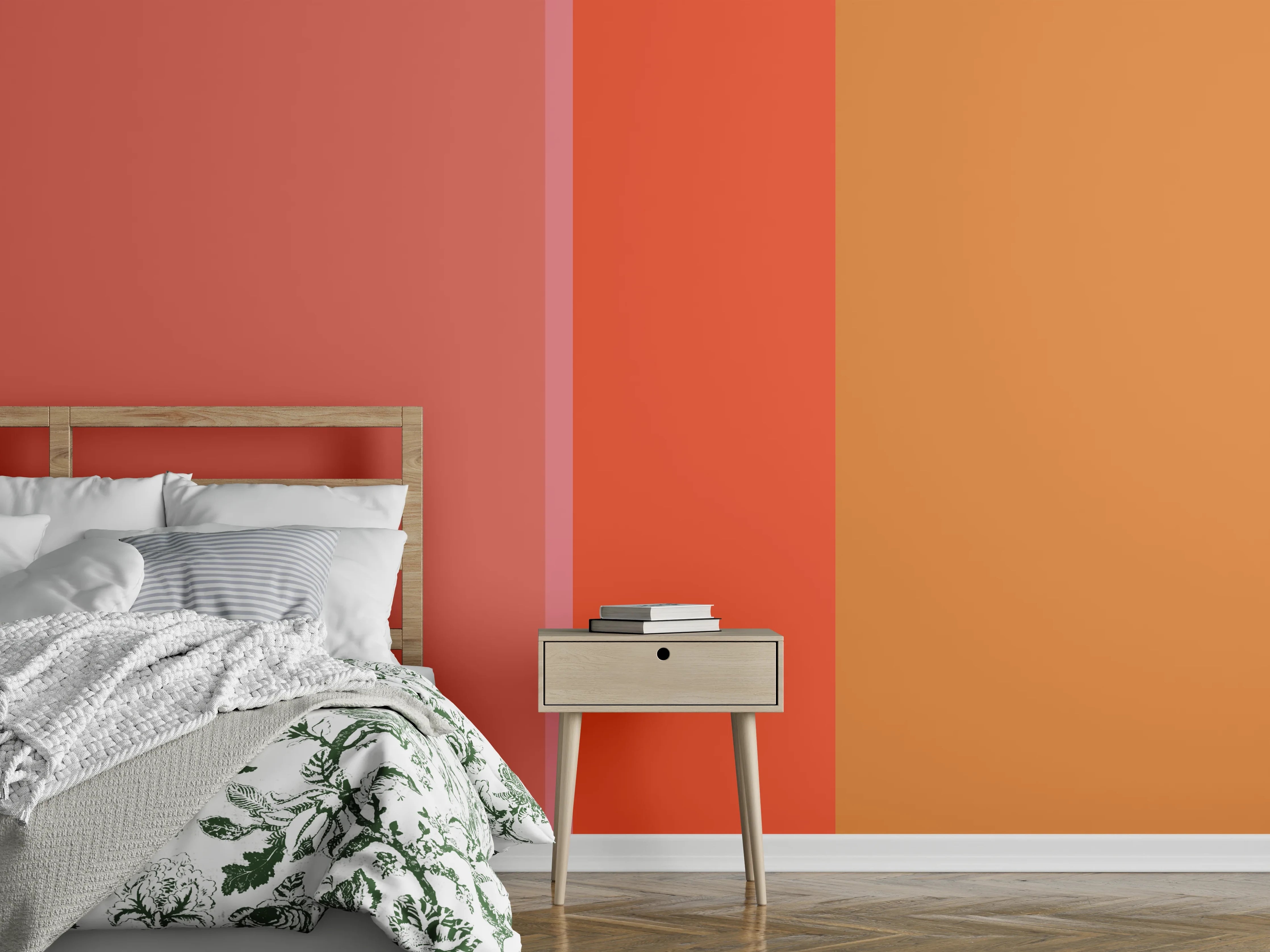 Wandverkleidung Schlafzimmer - Abstraktes Farbspiel in Orange und Rosa