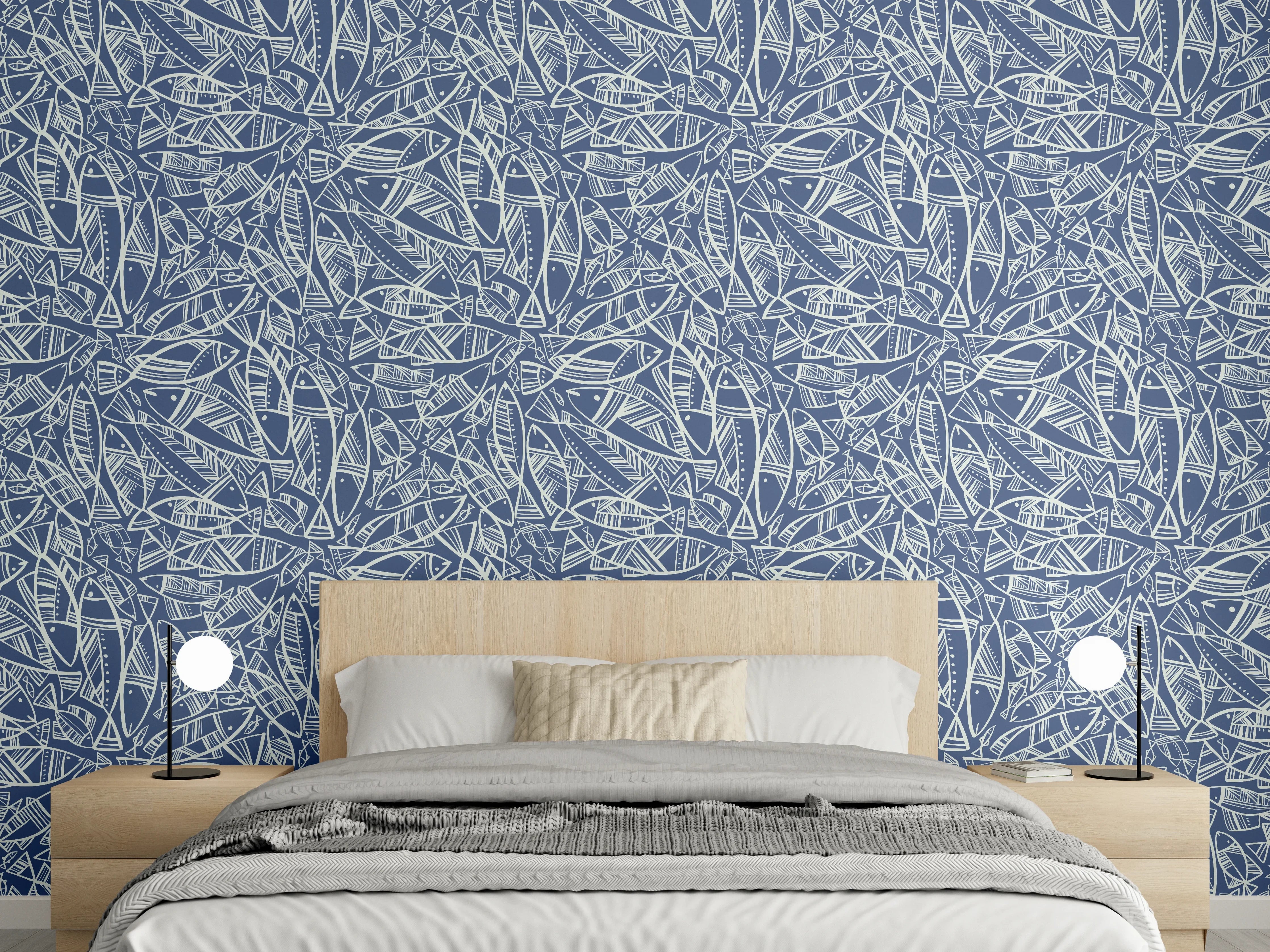 Wandverkleidung Schlafzimmer - Abstraktes Fischmuster Blau