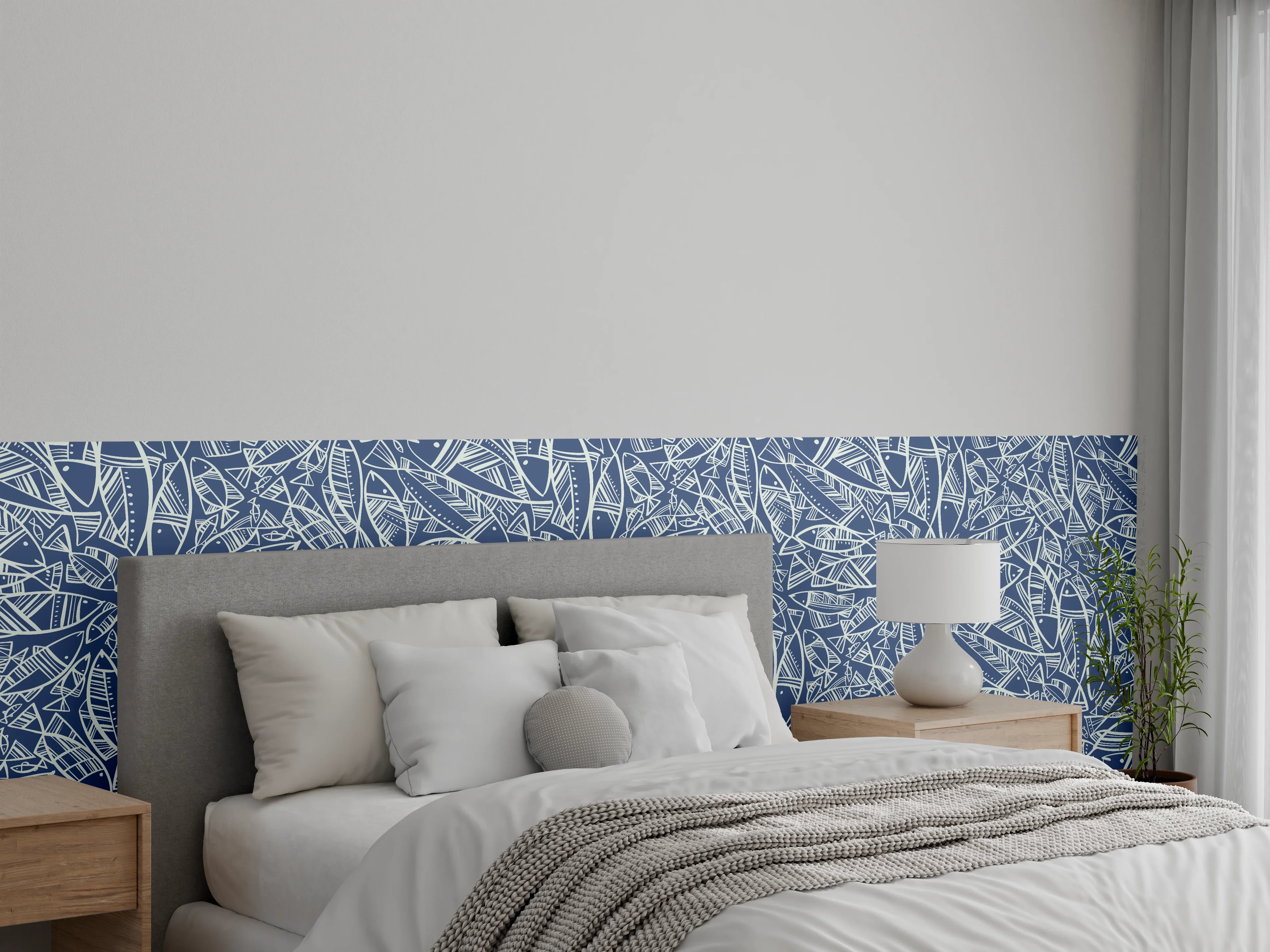 Wandverkleidung Schlafzimmer - Abstraktes Fischmuster Blau