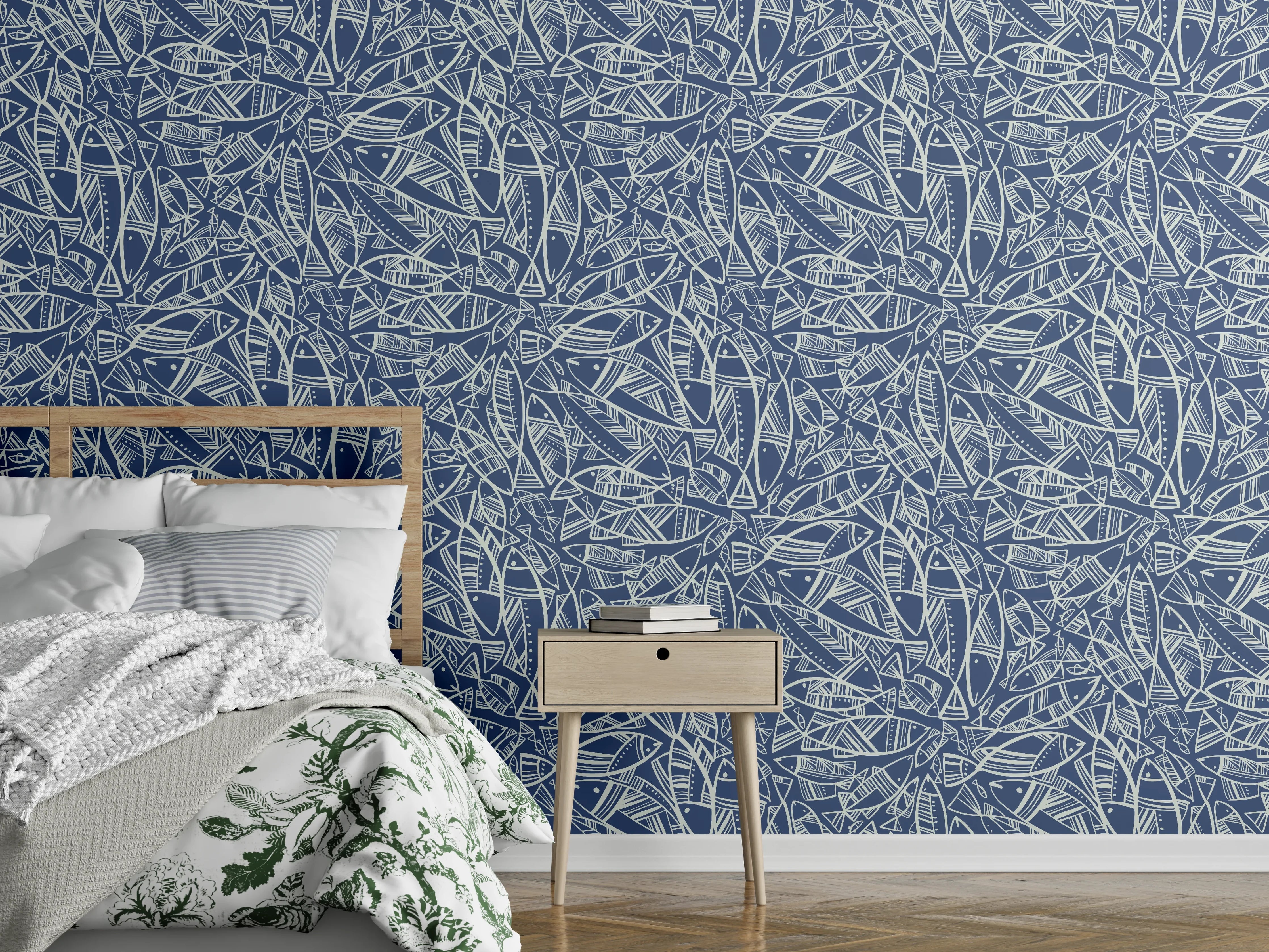 Wandverkleidung Schlafzimmer - Abstraktes Fischmuster Blau