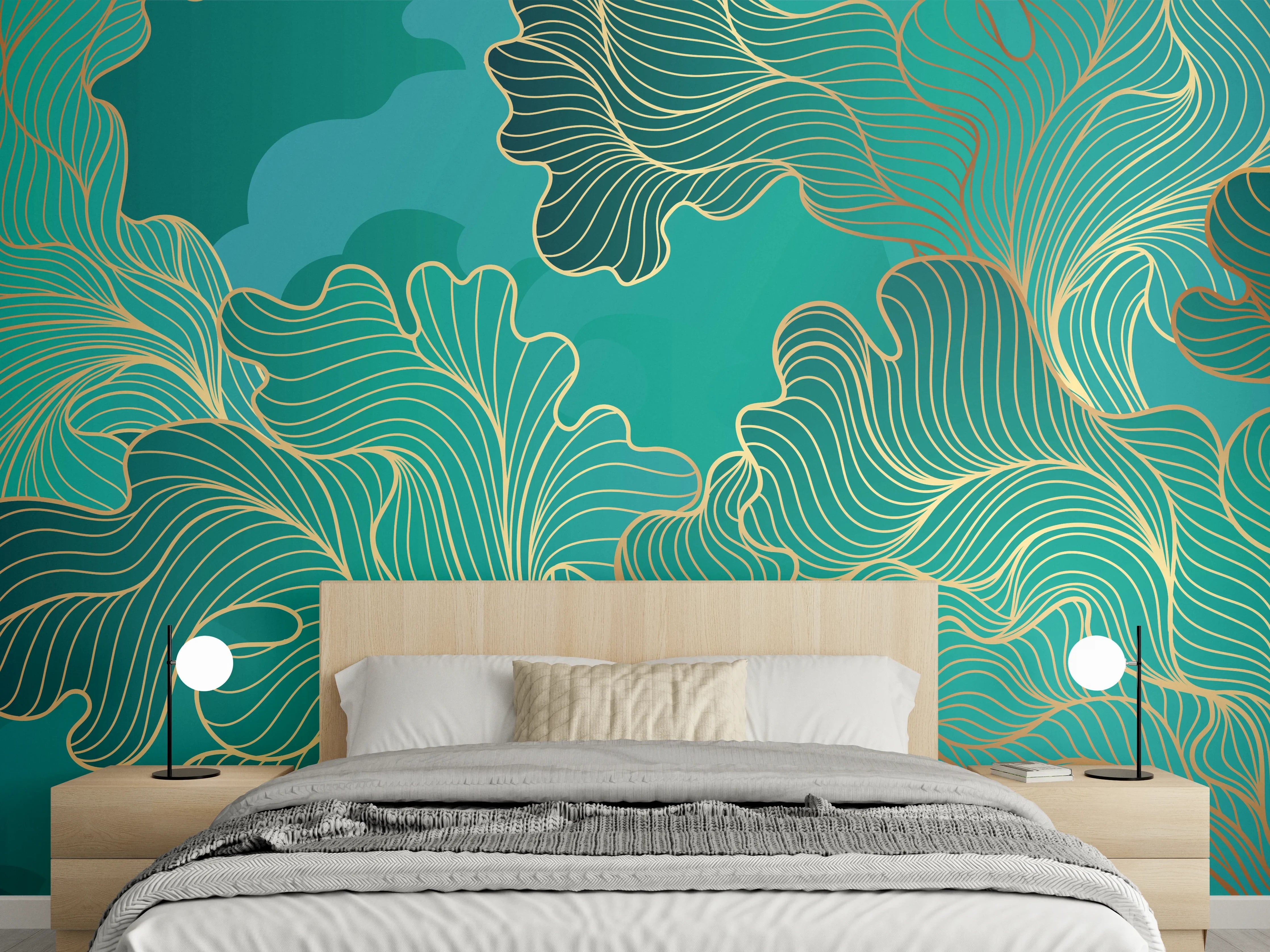 Wandverkleidung Schlafzimmer - Abstraktes Grüntöne-Gold-Lineart