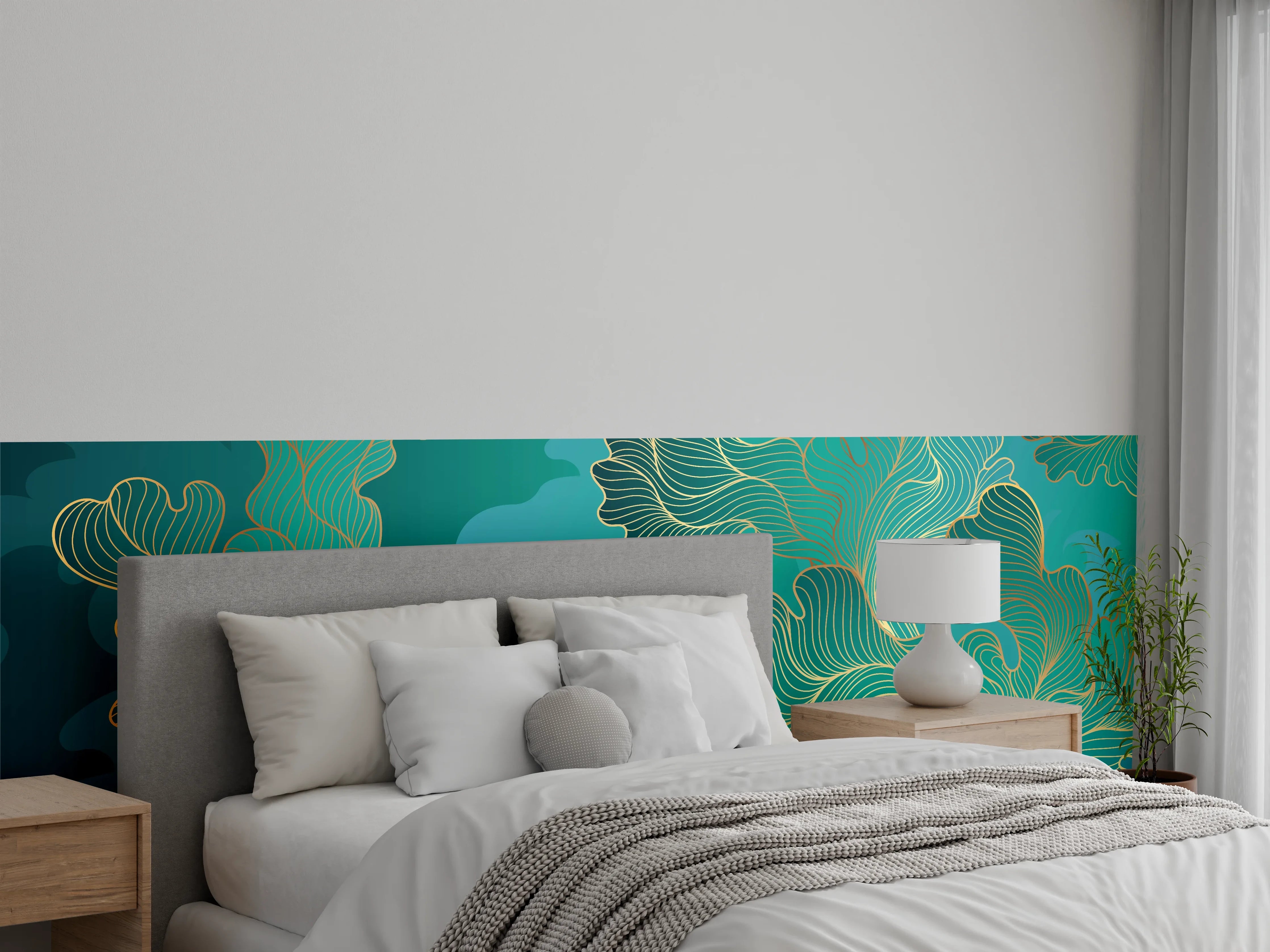 Wandverkleidung Schlafzimmer - Abstraktes Grüntöne-Gold-Lineart