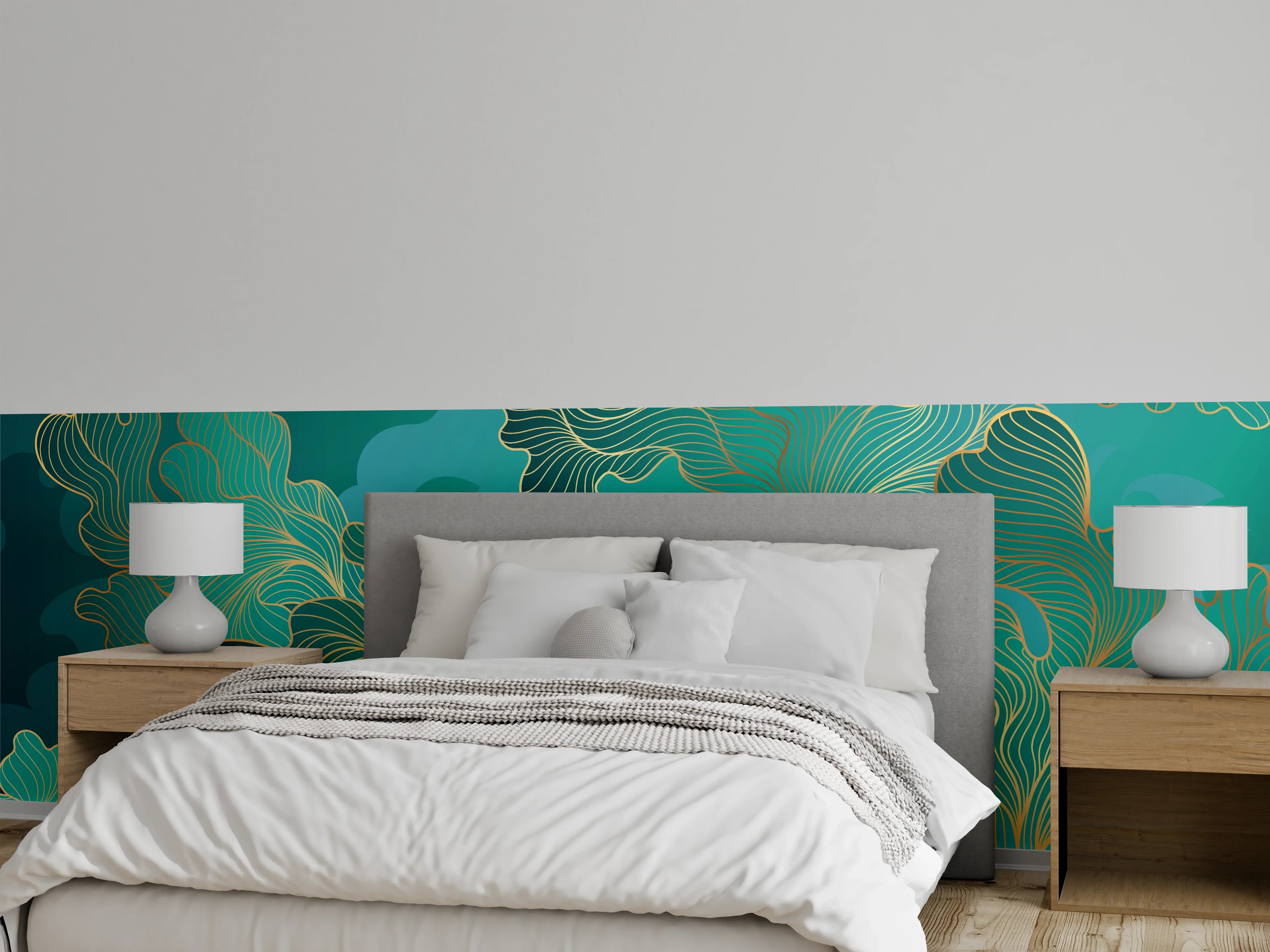 Wandverkleidung Schlafzimmer - Abstraktes Grüntöne-Gold-Lineart