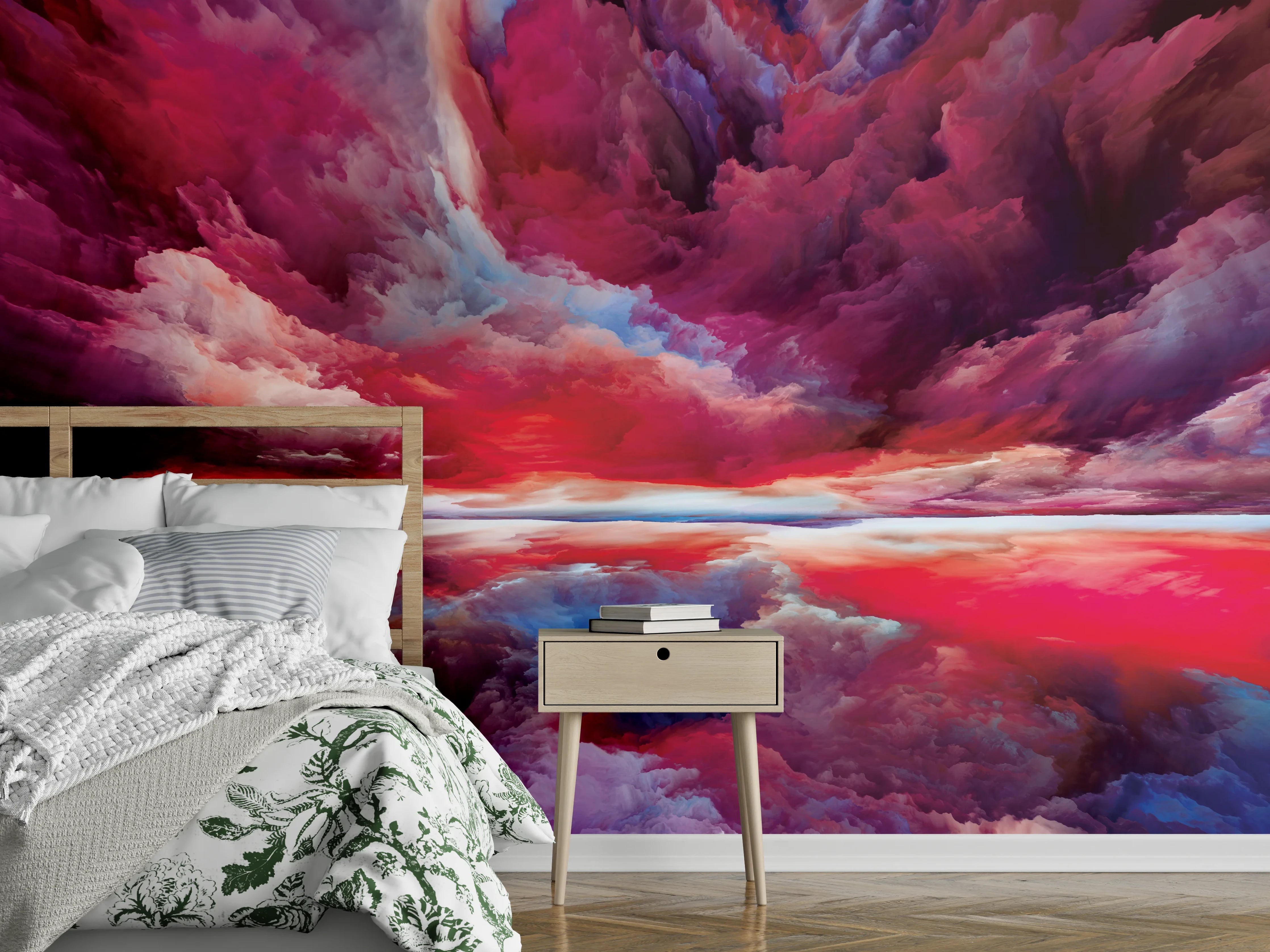 Wandverkleidung Schlafzimmer - Abstraktes Himmelsmeer in Pink und Rot