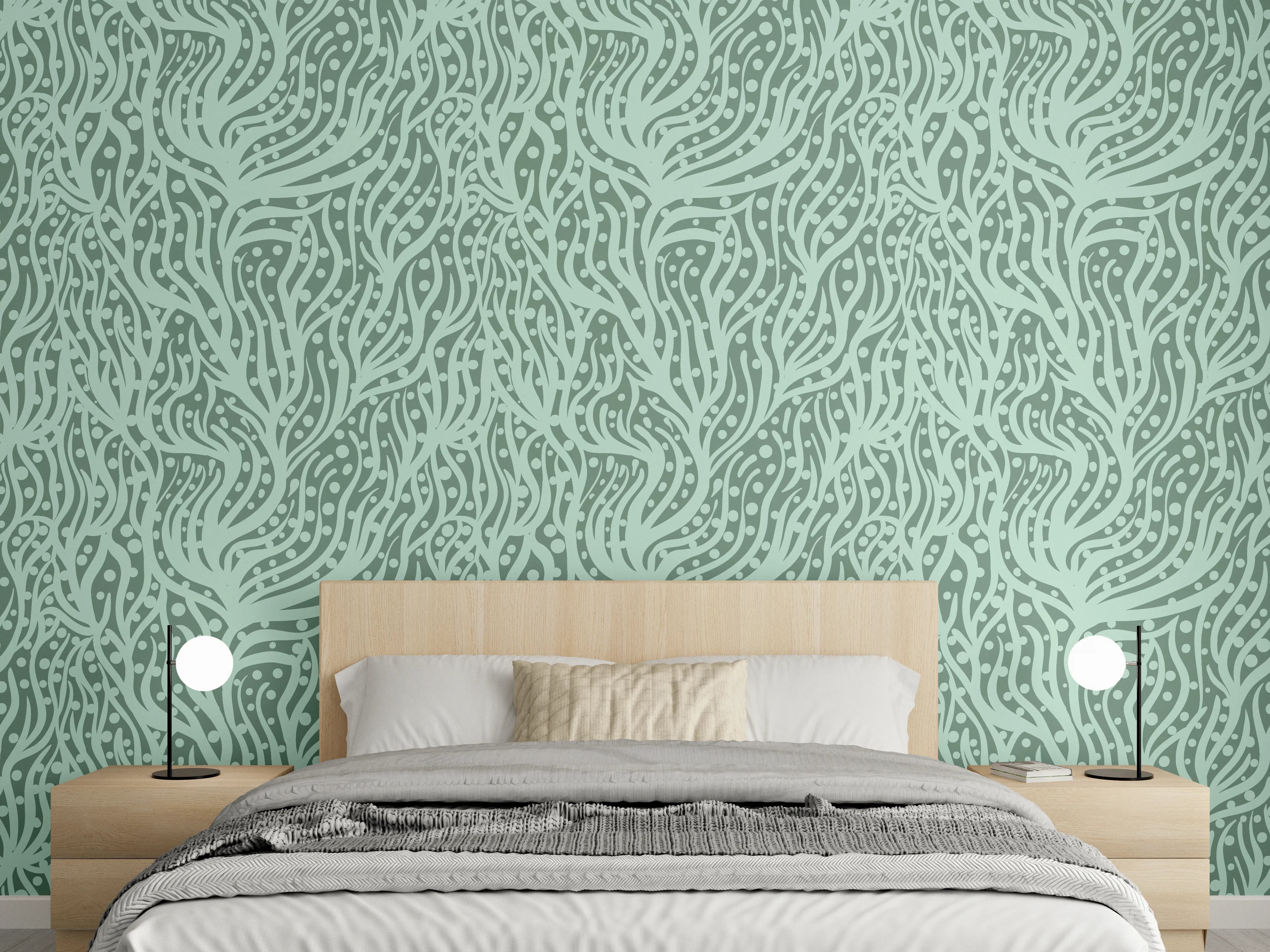 Wandverkleidung Schlafzimmer - Abstraktes Korallenmuster Grün-Türkis