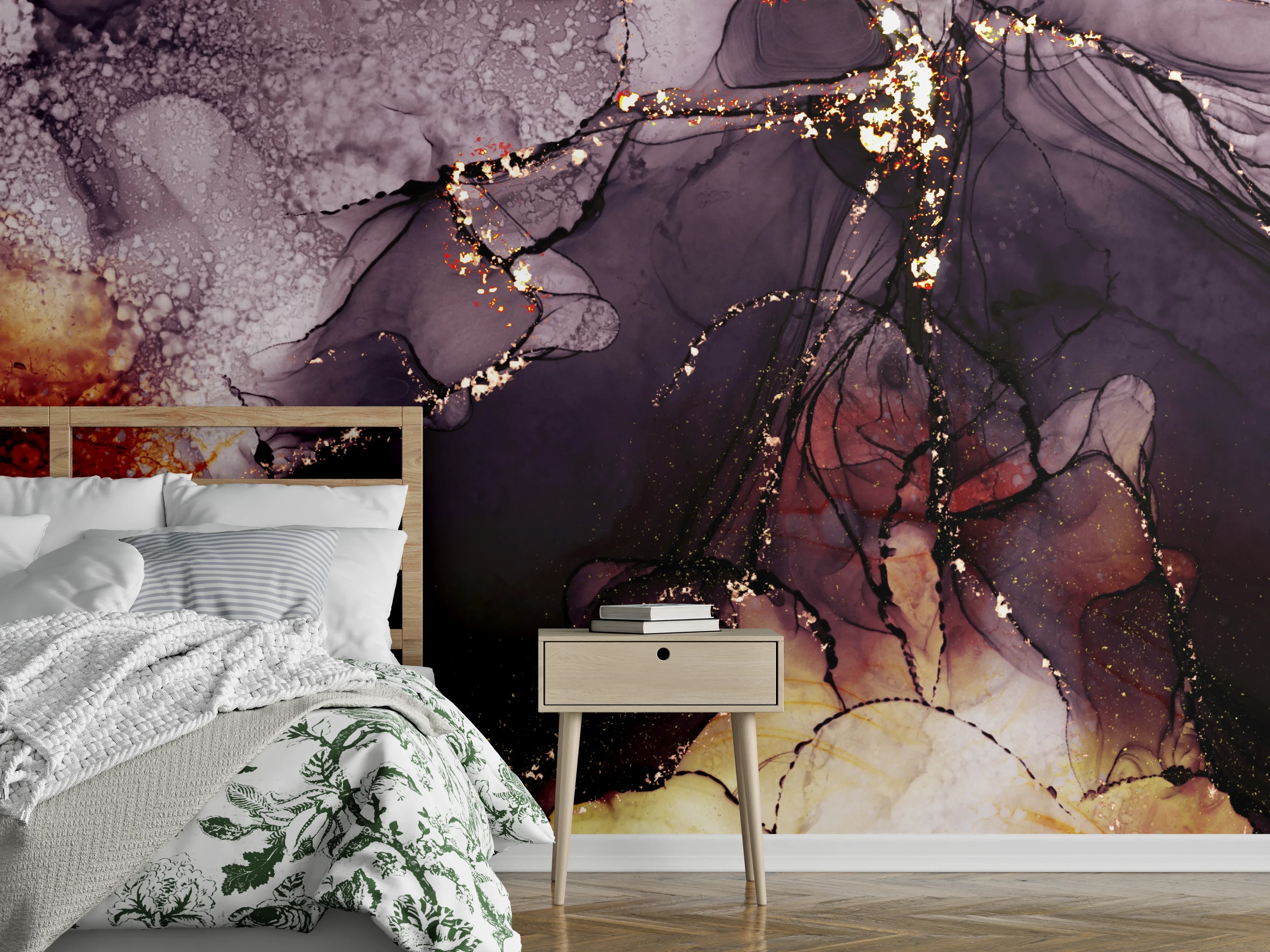 Wandverkleidung Schlafzimmer - Abstraktes Kunstwerk in Schwarz-Gold