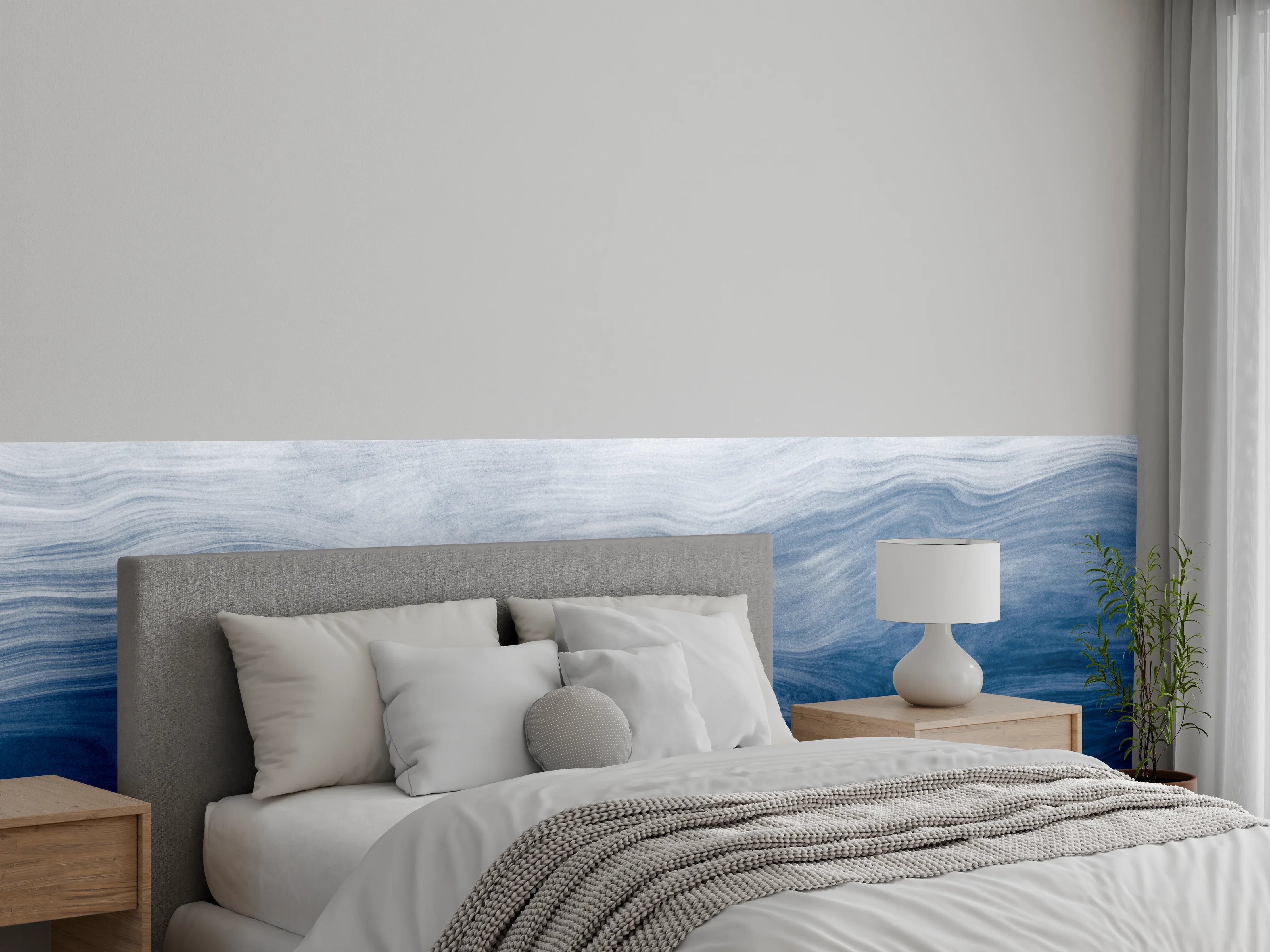 Wandverkleidung Schlafzimmer - Abstraktes Ozean-Wellen-Aquarell Blau Weiß