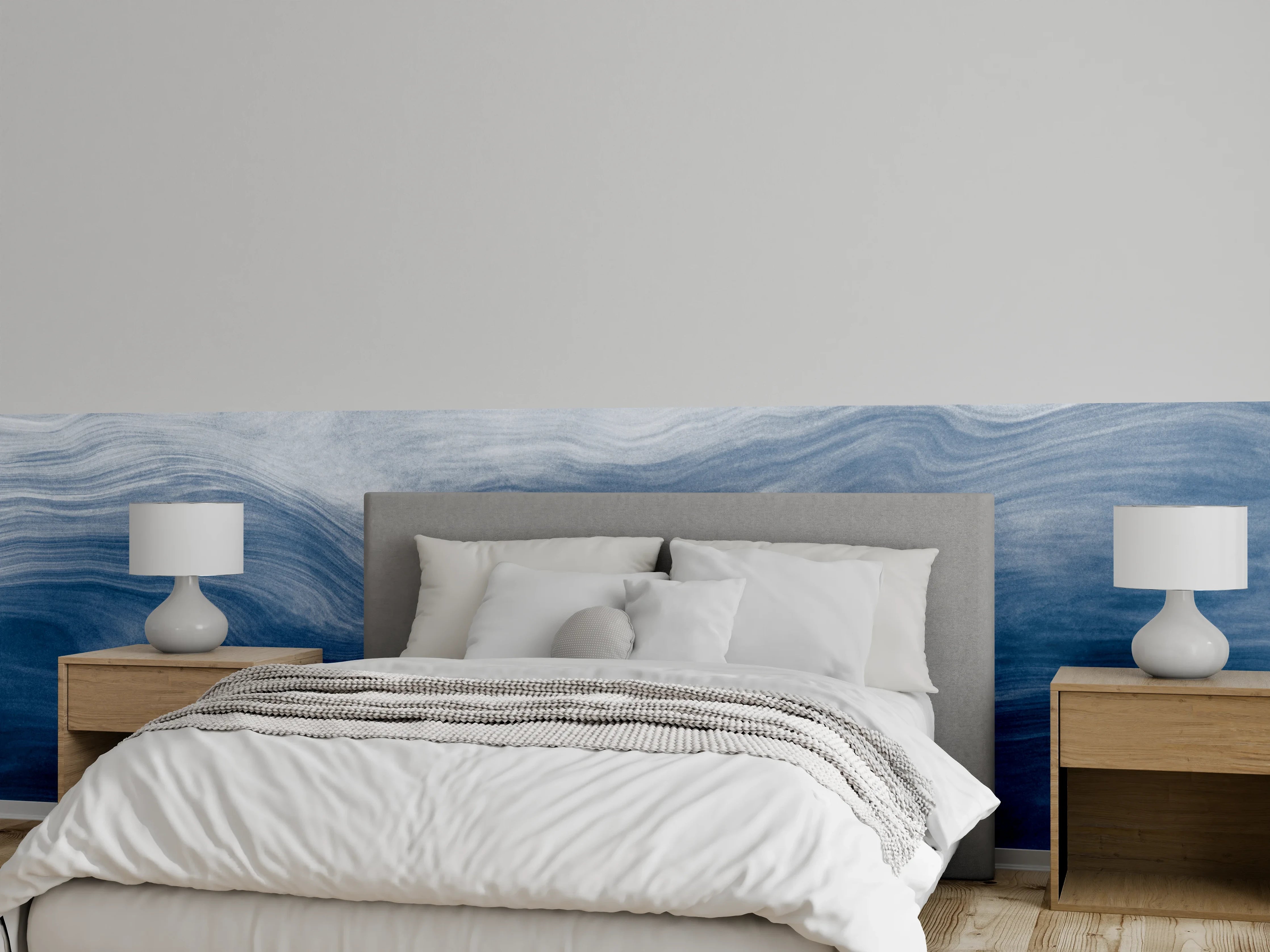 Wandverkleidung Schlafzimmer - Abstraktes Ozean-Wellen-Aquarell Blau Weiß